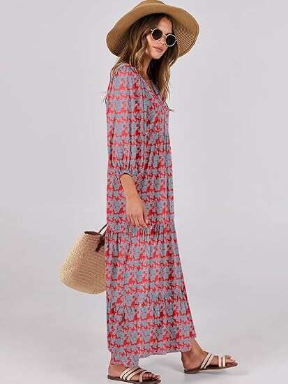 🔥2025 CRAZY DEAL🔥Summer V Neck Puff Sleeve Floral Flowy Swing Casual Long Dress