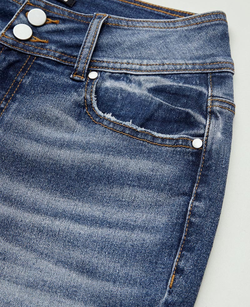 Washed Dual Button Flap Pocket Mid Waist Bootcut Jeans