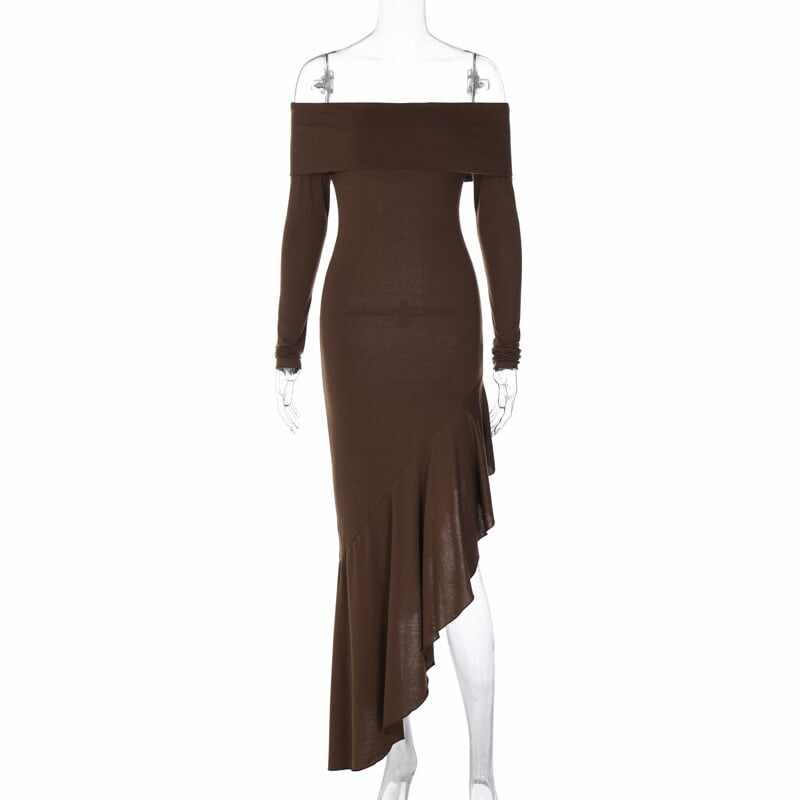 Temperament Off Shoulder Long Sleeve Irregular Hem Stretch Maxi Dress