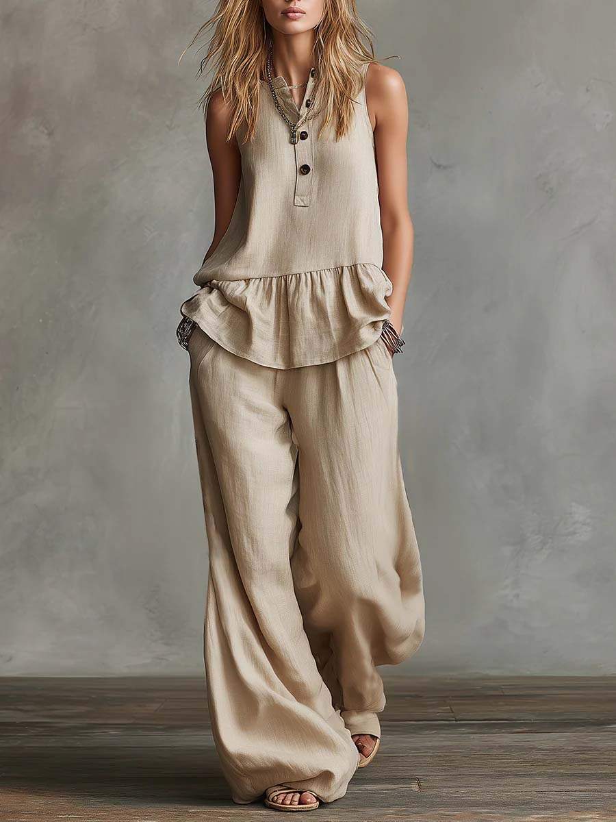 🔥Summer Arrivals🌟Women's Round Neck Sleeveless Casual Loose Cotton Top And High Waist Casual Loose Wide Leg Pants Set