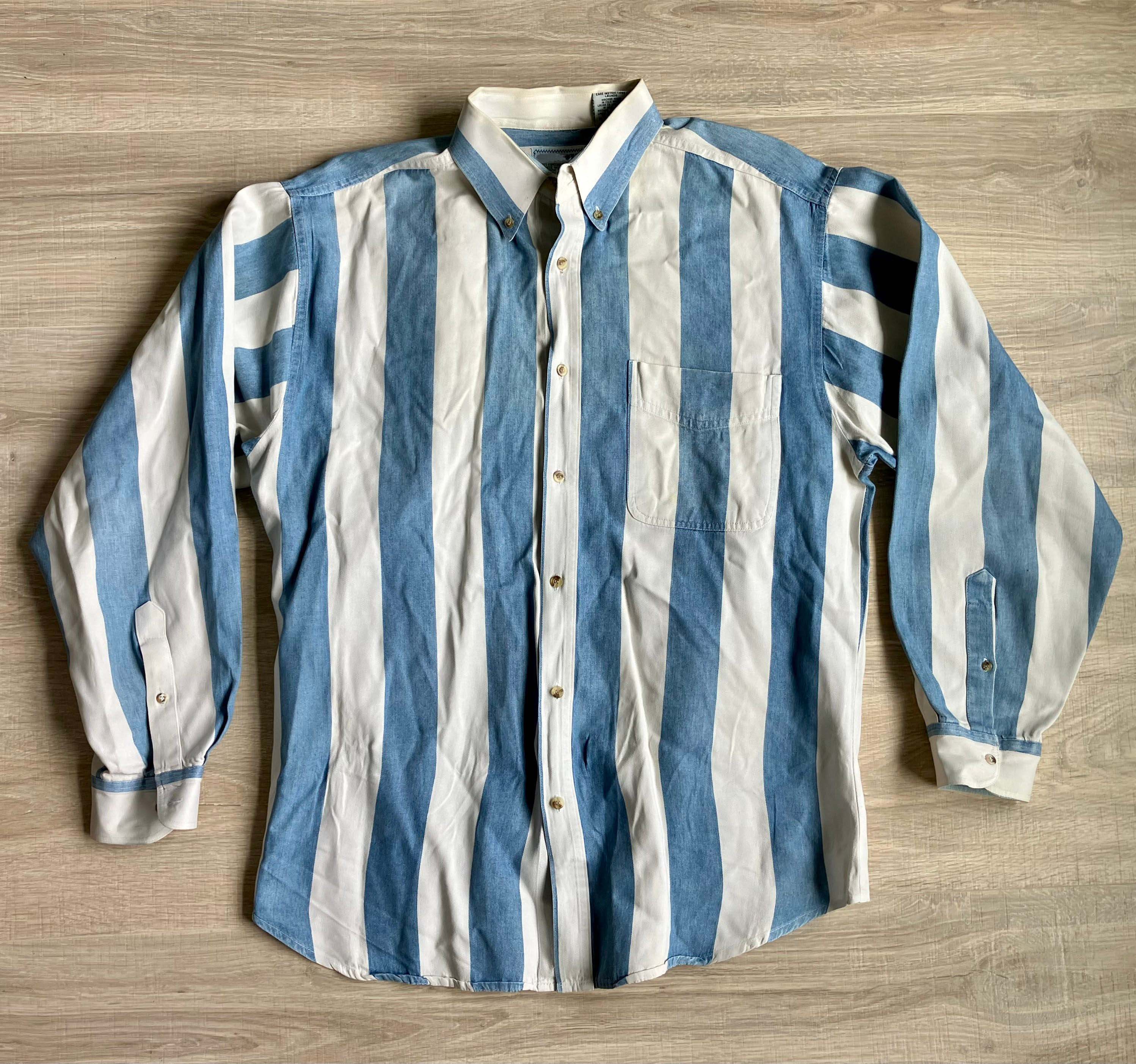 Men's Fashion Western Light Blue White Striped Long Sleeve Shirt