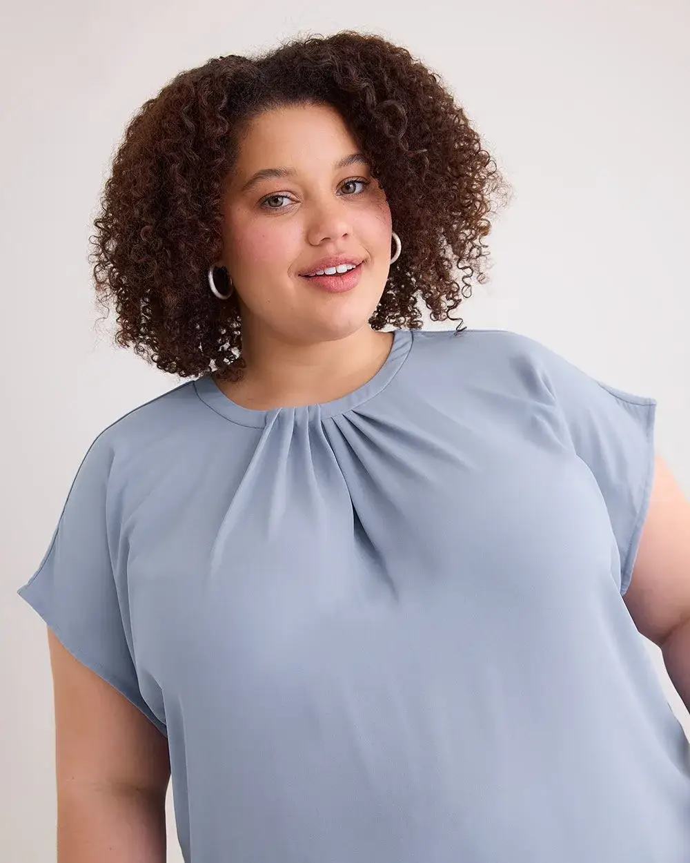 Extended-Sleeve Crew Neck Mixed Media Top
