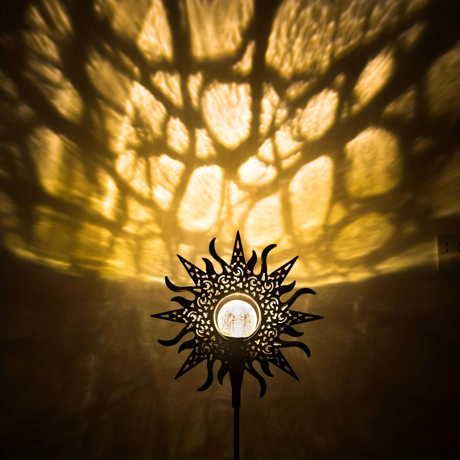 1pc Flame Sun Hollow Out Iron Landscape Decorative Lamp, Cracked Glass Bulb Lamp, Waterproof LED Lamp For Garden, Lawn, Courtyard