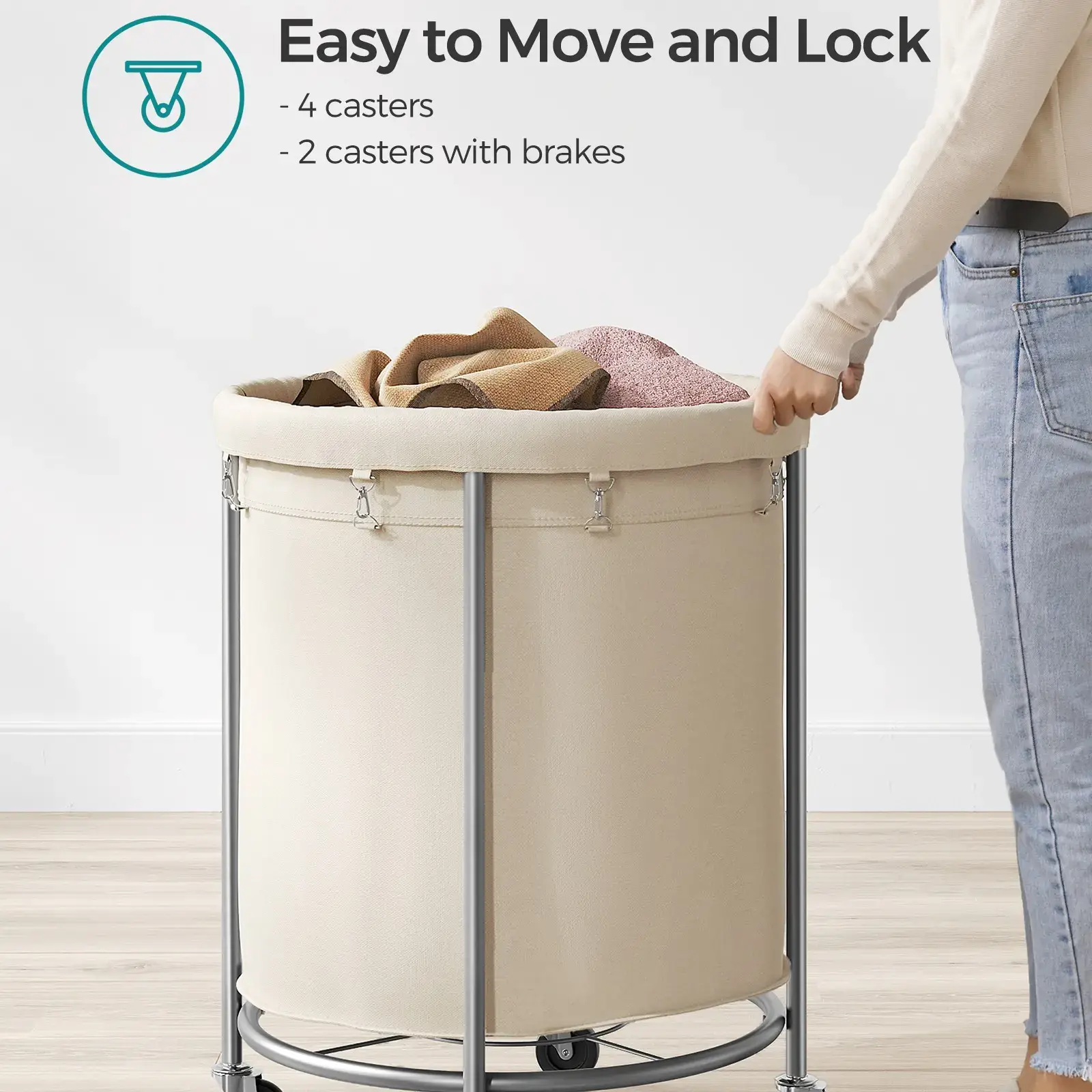 SONGMICS Rolling Laundry Basket with Wheels - Cream & Silver