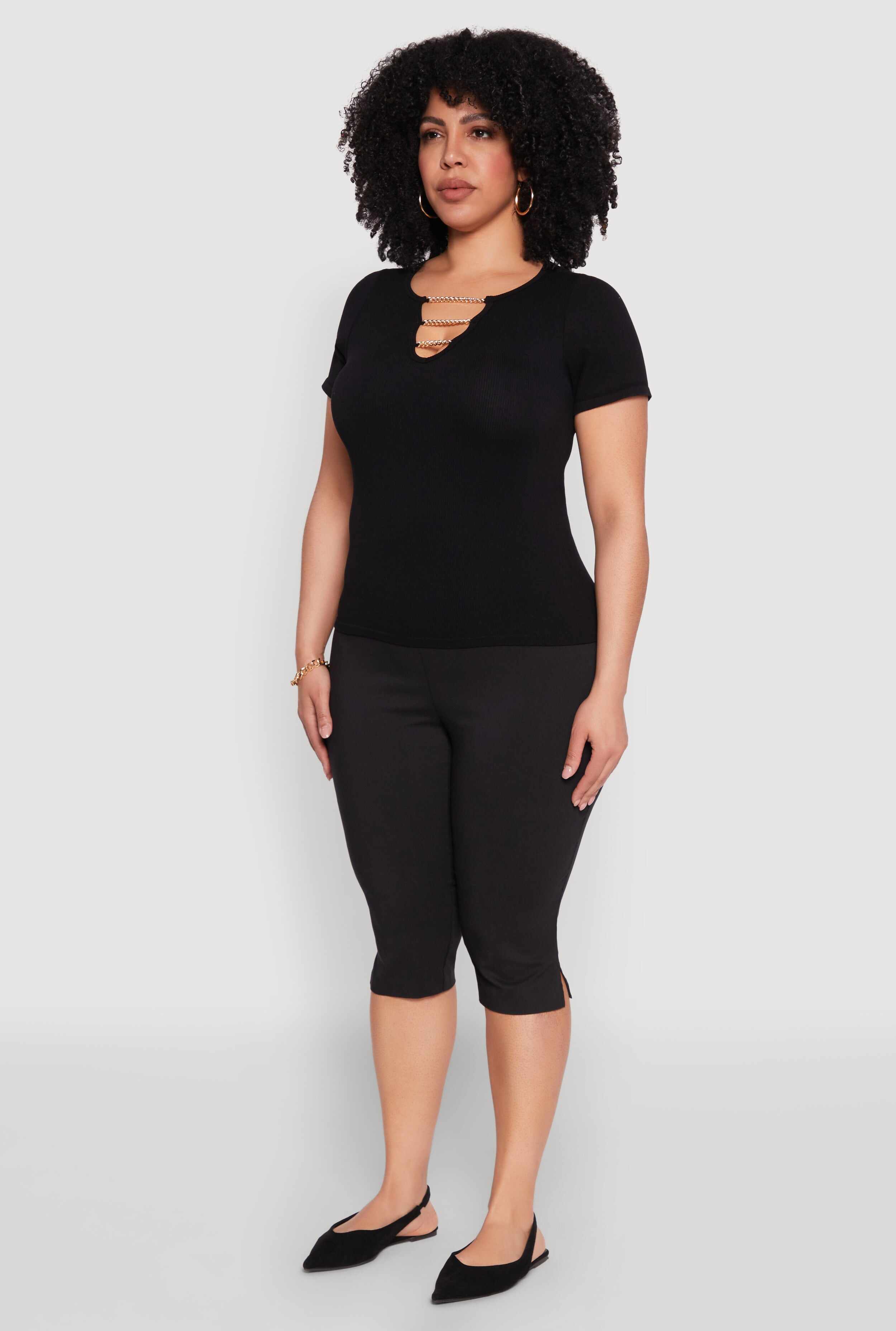 Plus Size Seamless Rib Knit Chain Keyhole Tee