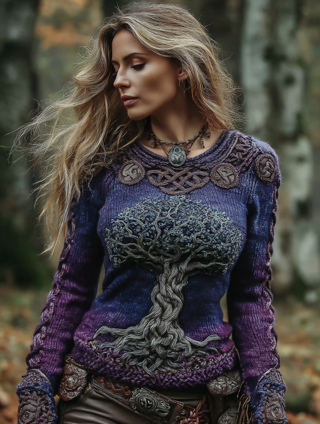 Women's Viking Celtic Knot With Tree Of Life Knitted Warm Round-neck Sweater