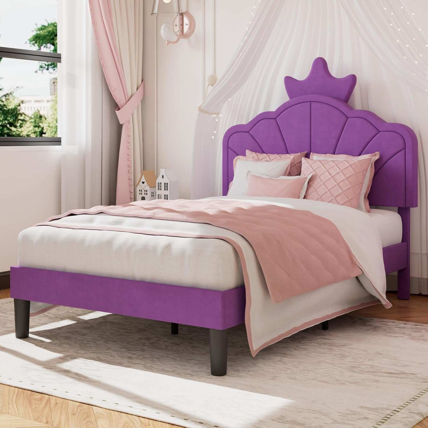 VECELO Twin Size Bed Frame with Crown Headboard