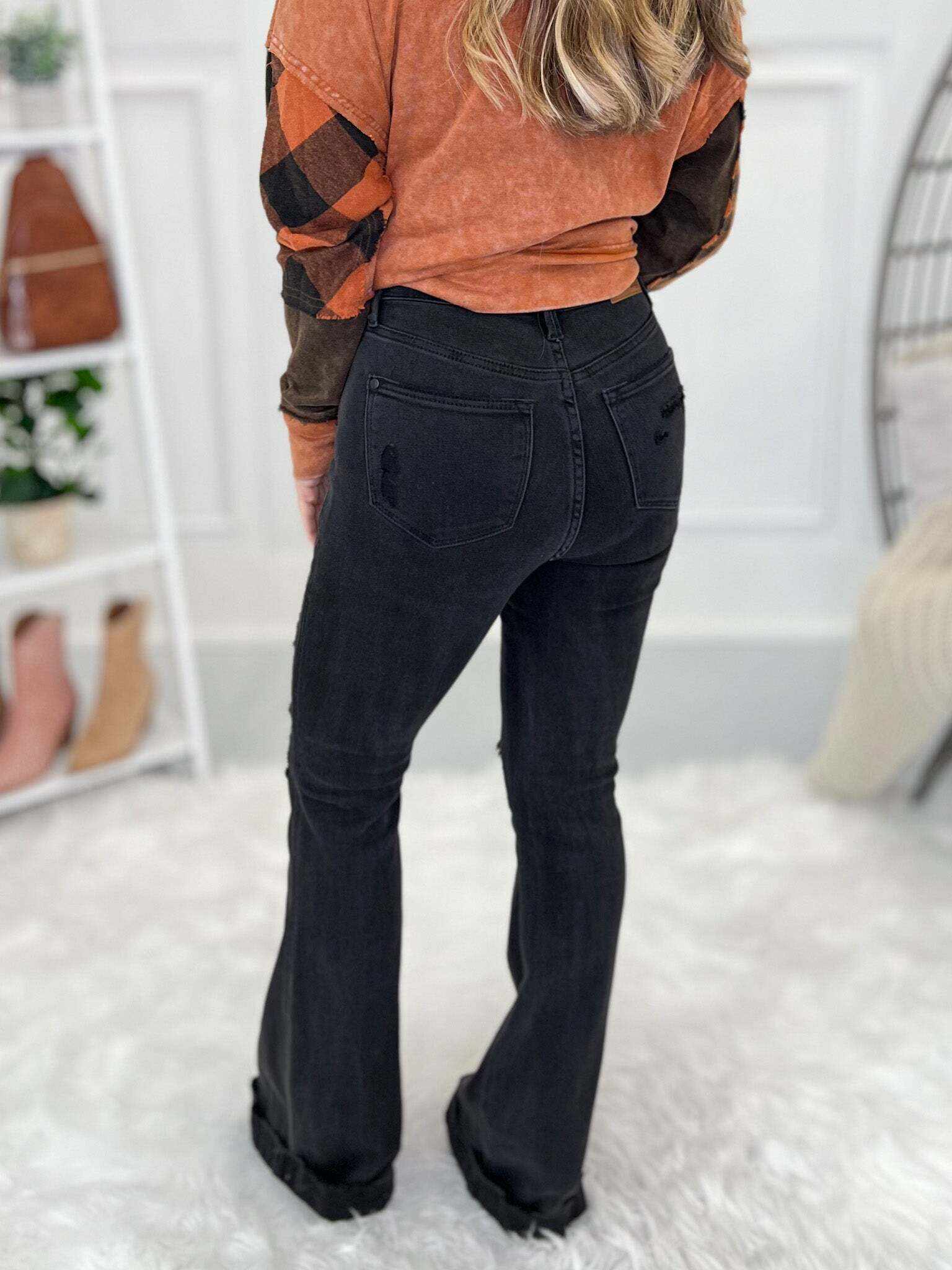 Christmas Tummy Control Destroyed Black Flare Jeans- Final Sale