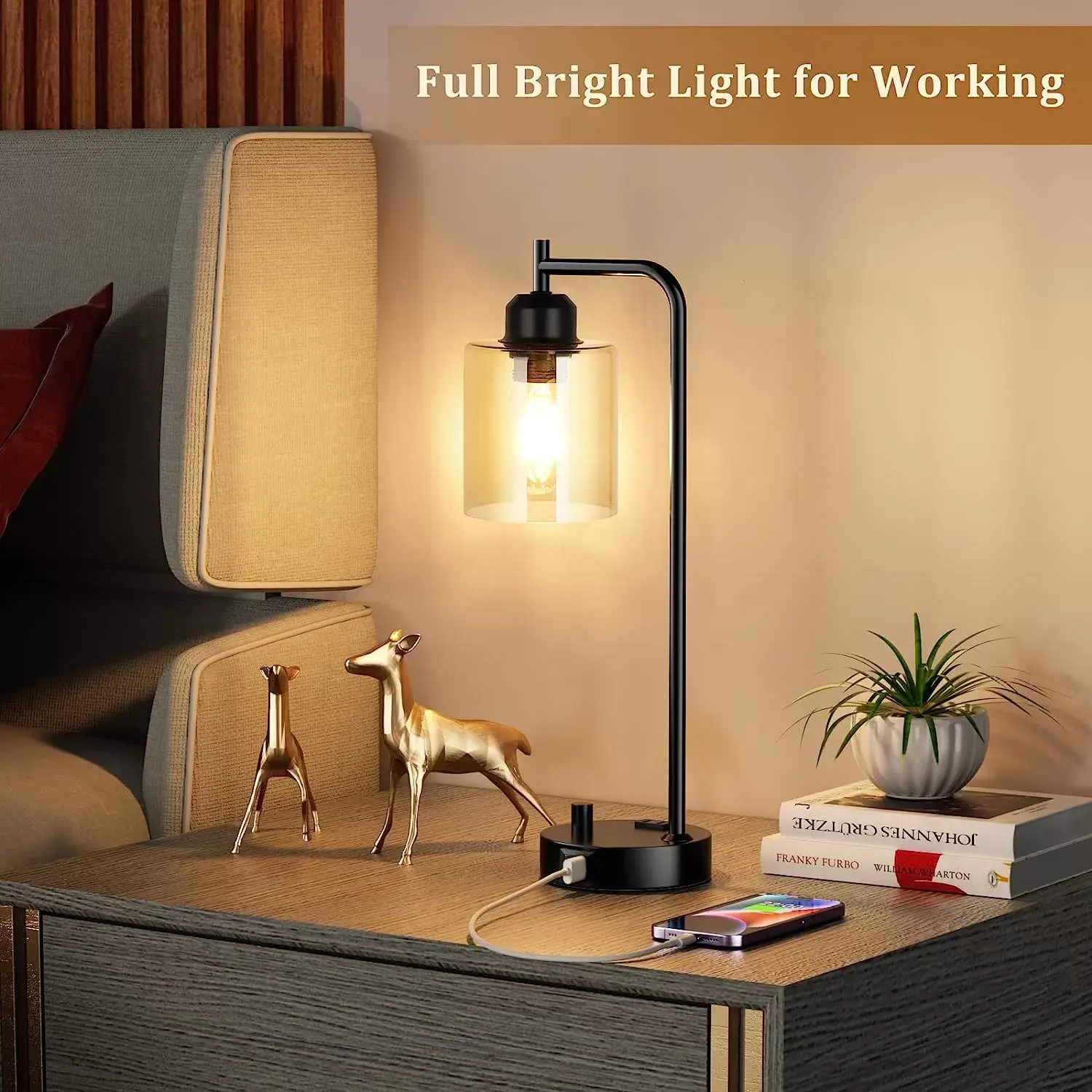 Industrial Bedside Table Lamp for Bedroom - Nightstand Lamps with USB C Charging Port, Fully Dimmable Black Lamps with USB Ports and Outlets, Small Desk Lamp with Glass Shade for Office Living Room