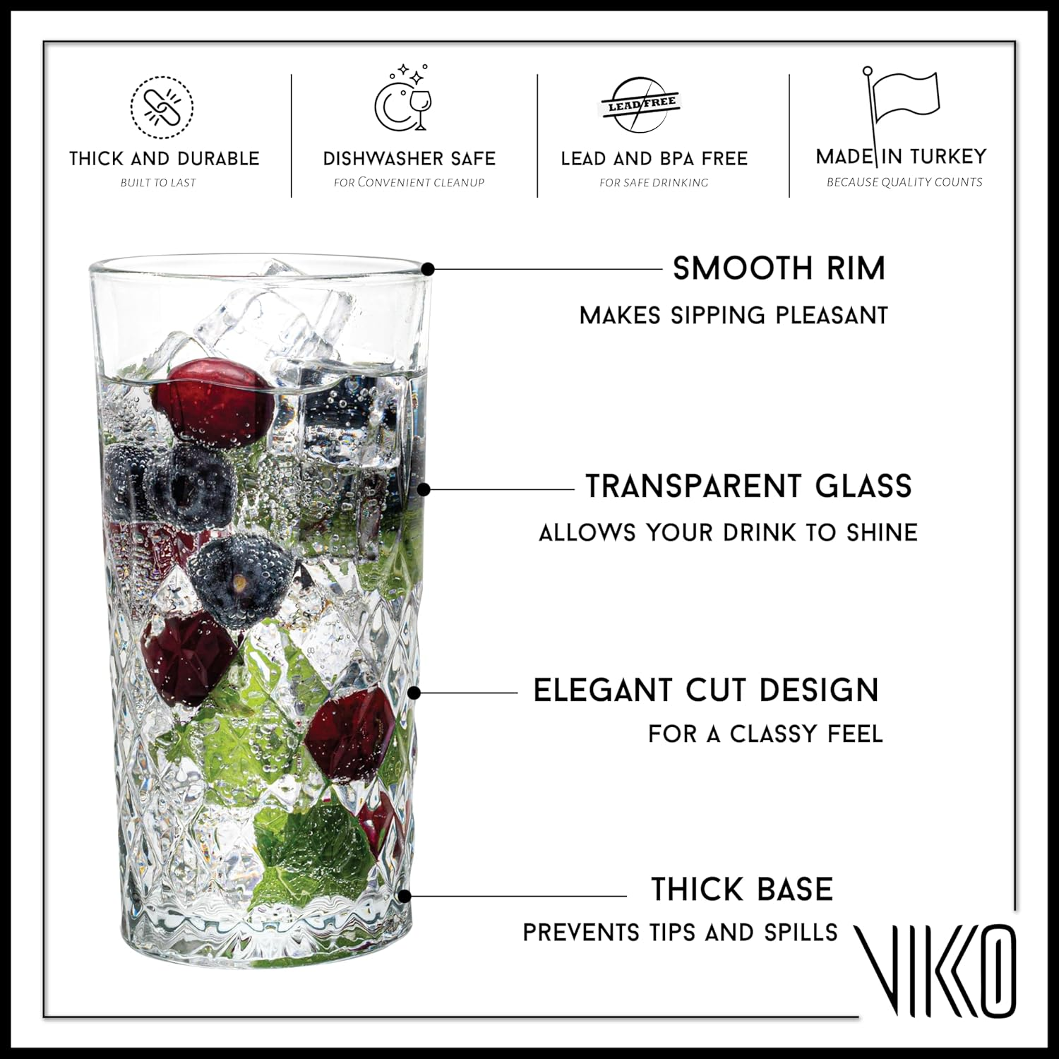 Vikko Drinking Cup, 6-piece crystal style tall cup, 12.5 ounces (approximately 347.3 grams) vintage highball glass, dishwasher safe, textured Collins glass
