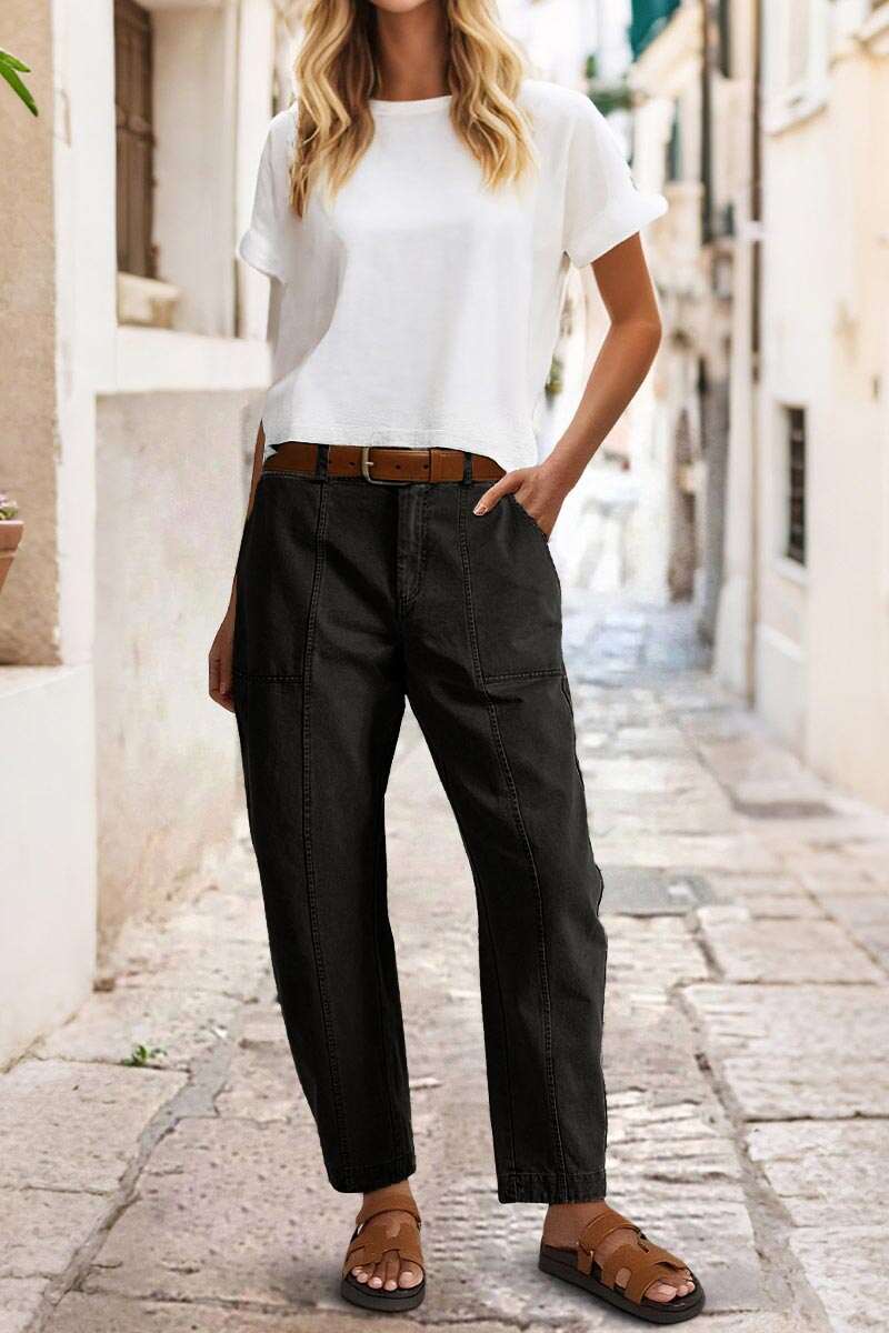🔥 Last Day For Clearance！ !10 packs only $32!Solid Stitch Detail Mid Waist Barrel Leg Pants Without Belt