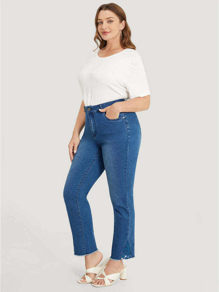 Very Stretchy High Rise Medium Wash Lace Insert Raw Hem Jeans