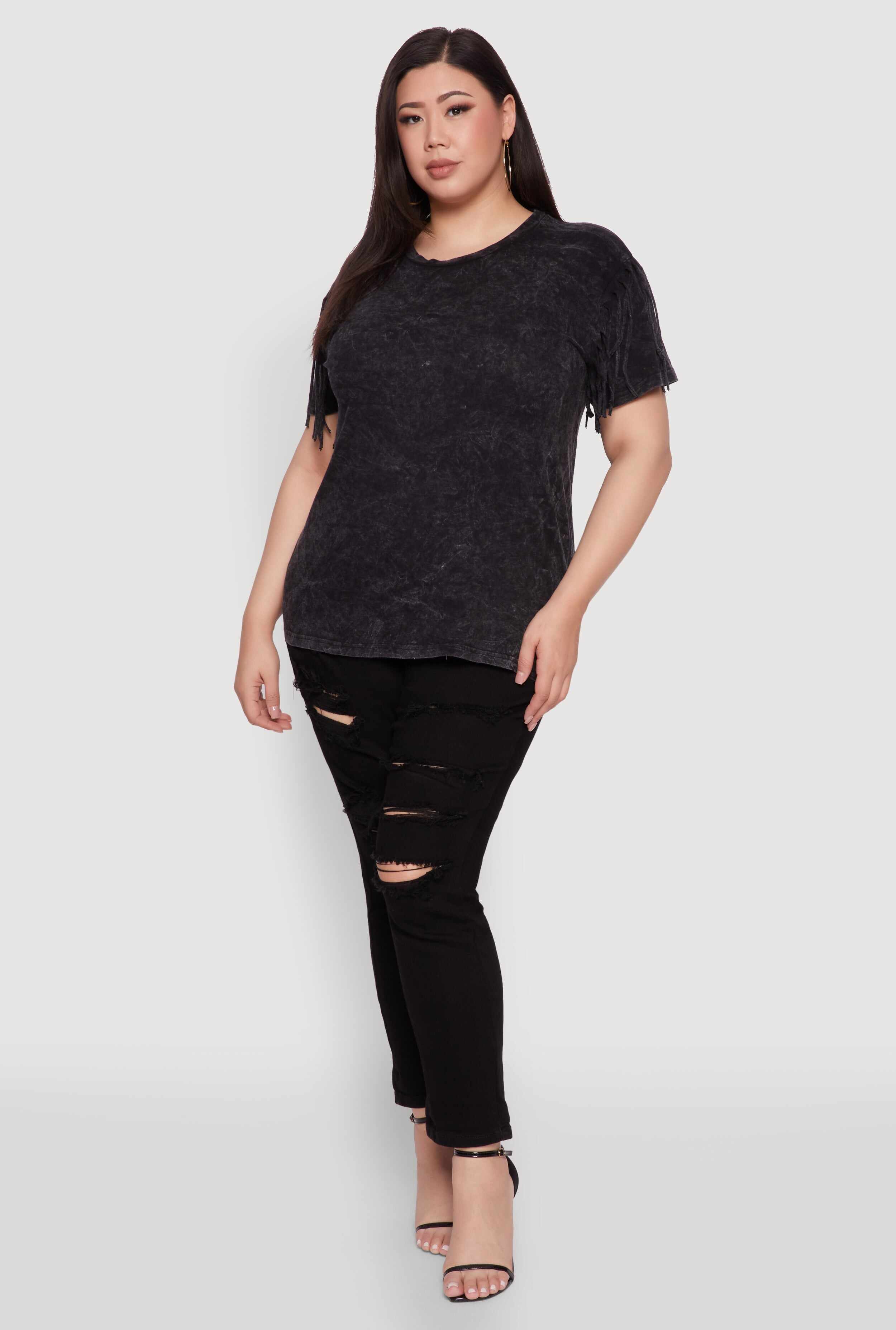 Plus Size Trendy Mineral Wash Fringe Sleeve Tee