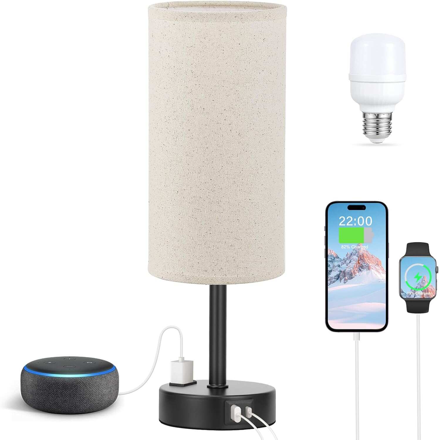 Bedside Table Lamp for Bedroom - 3 Way Dimmable Touch Lamp USB C Charging Ports and AC Outlet, Small Lamp Wood Base Round Flaxen Fabric Shade for Living Room, Desk, LED Bulb Included