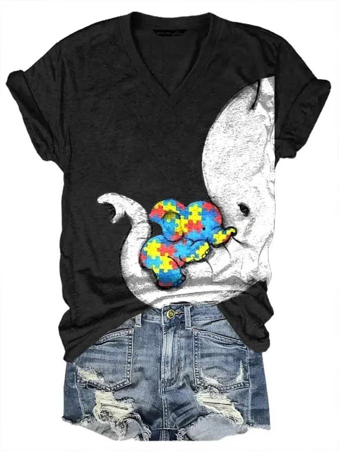 Women'S Autism Elephant And Baby Elephant Print T-Shirt