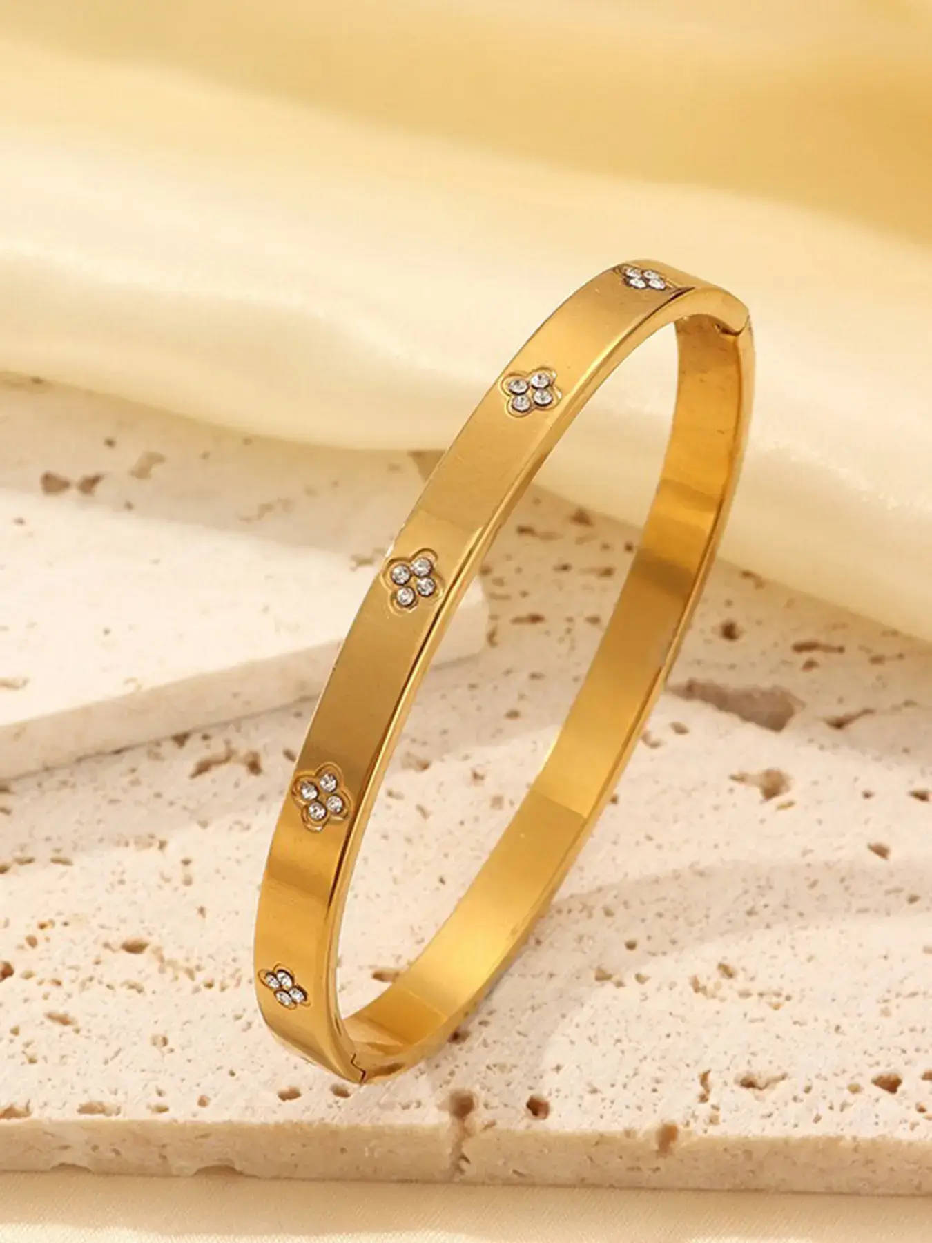 5-Piece Waterproof Titanium Steel Bracelet Set, Rhinestone Design, 18K Gold Plated