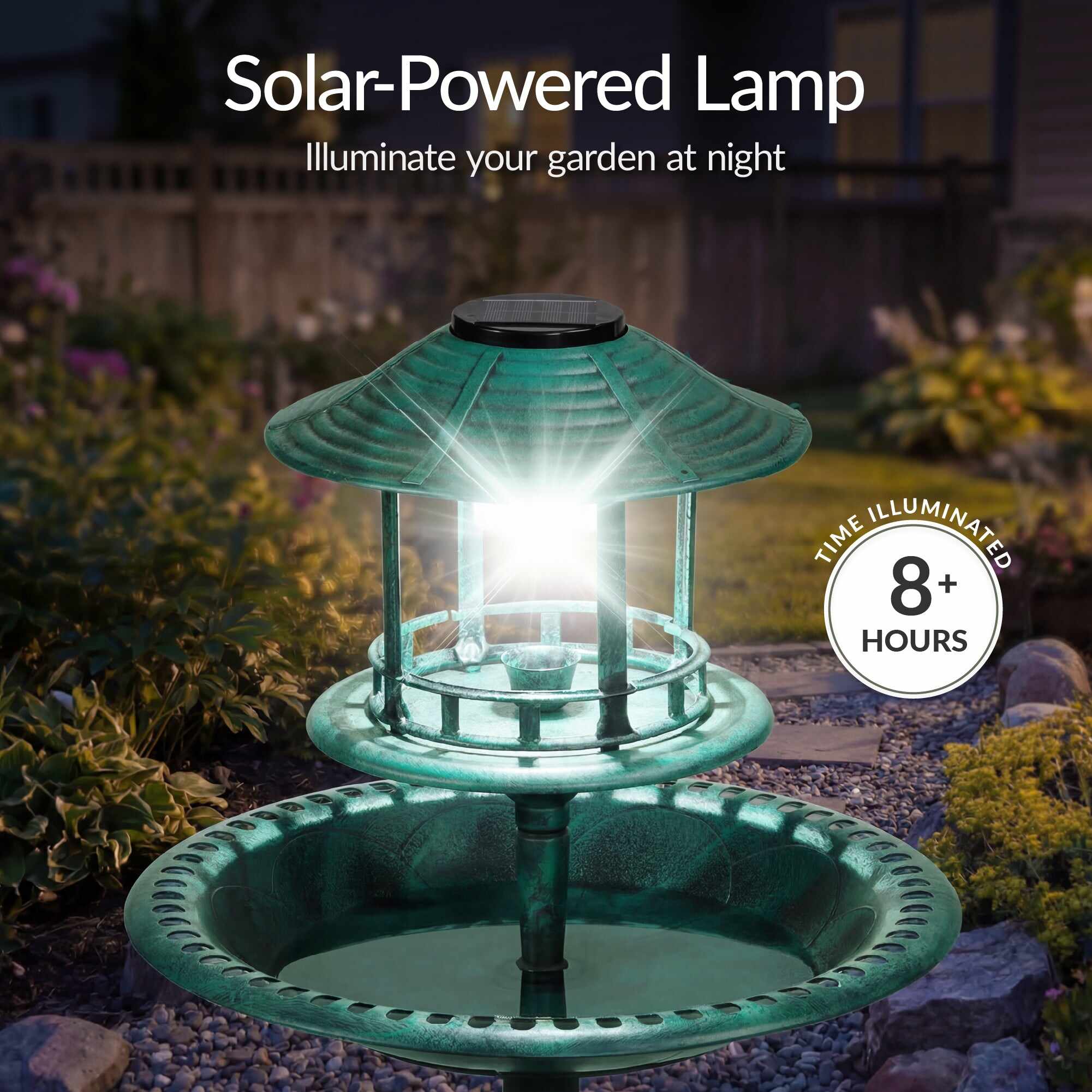 Solar Lighted Outdoor Pedestal Bird Bath w/ Planter, Decorative Bird Cage