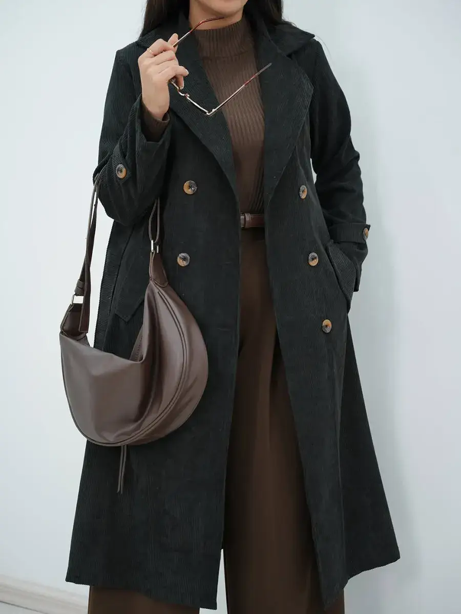 Women's Solid Color Lapel Long Sleeve Corduroy Trench Coat