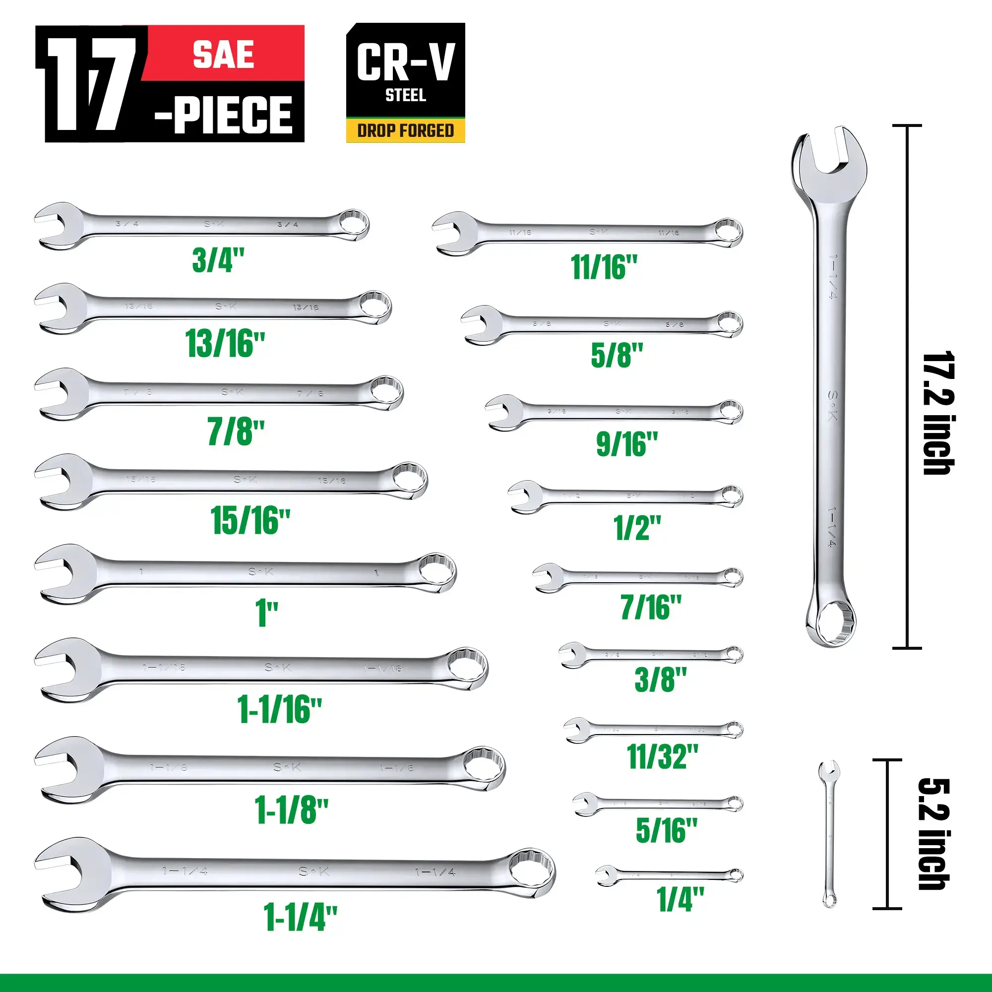 SK Combination Wrench Set, SAE & Metric, Finish, Premium CR-V Construction, with Rolling Pouch