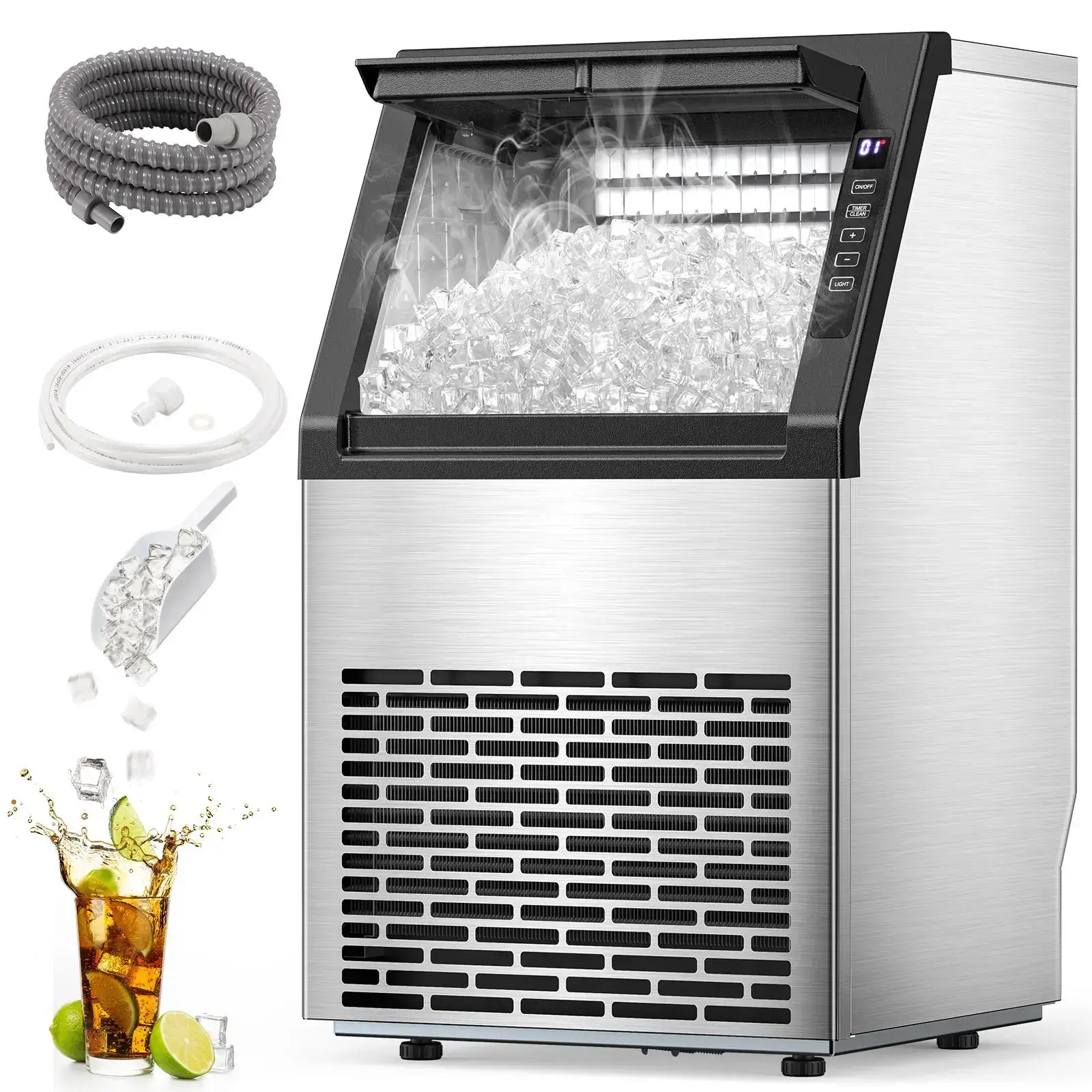 Commercial Ice Maker  V2.0, 100 lbs, 2-Way Add Water, Large Ice Maker Self Cleaning, Ice Machine with 24 Hour Timer,33 lbs Basket, Stainless Steel Ice Makers for School, Home, Bar, RV