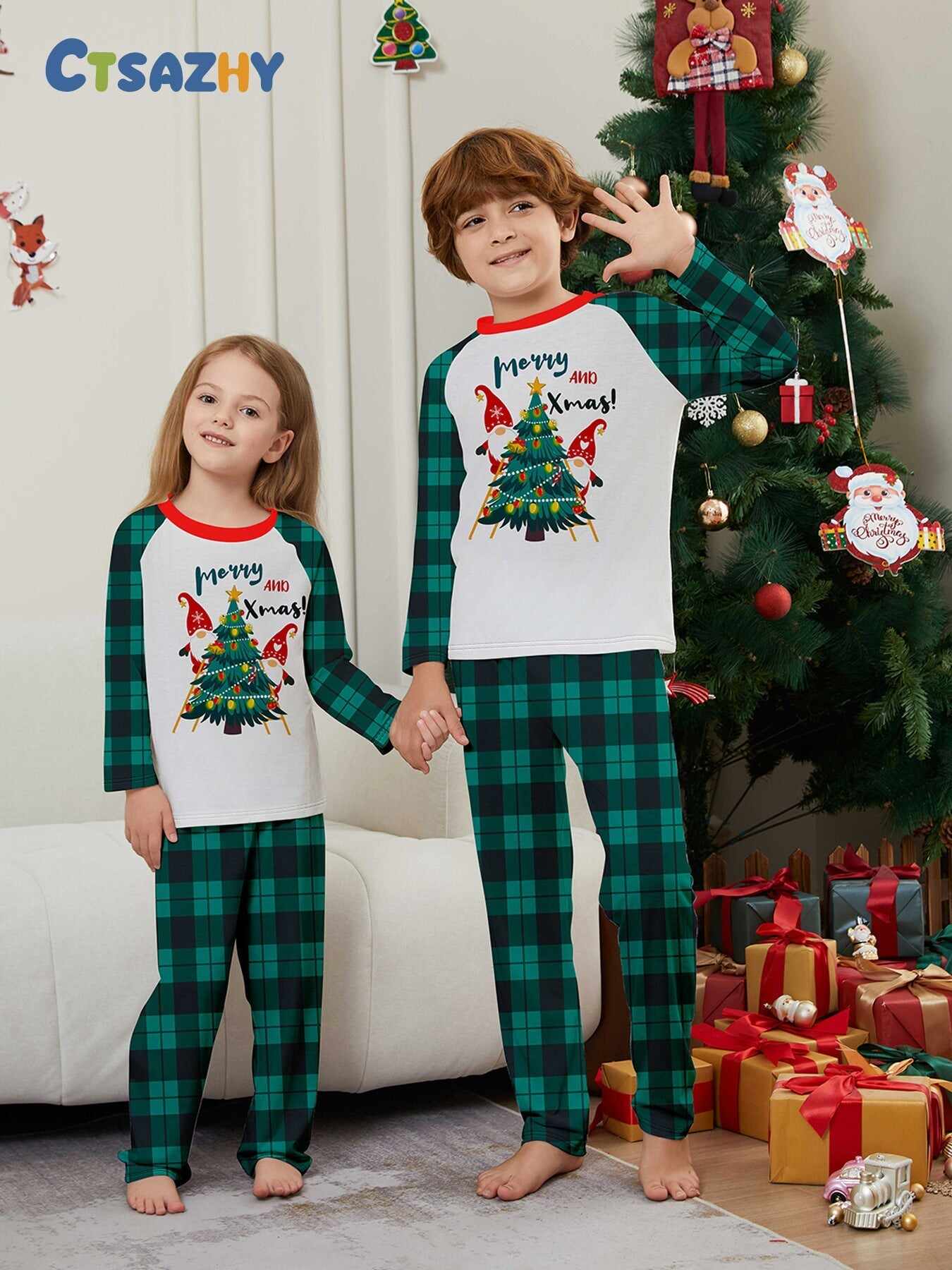 Christmas Parent-Child Santa Plaid Print Pajama Set