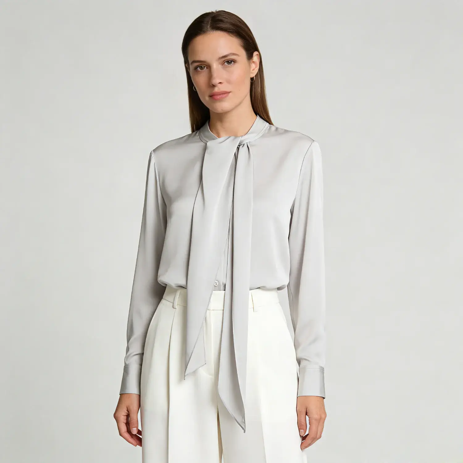Solid Color Silk Shirt Long Sleeve with Neck Tie