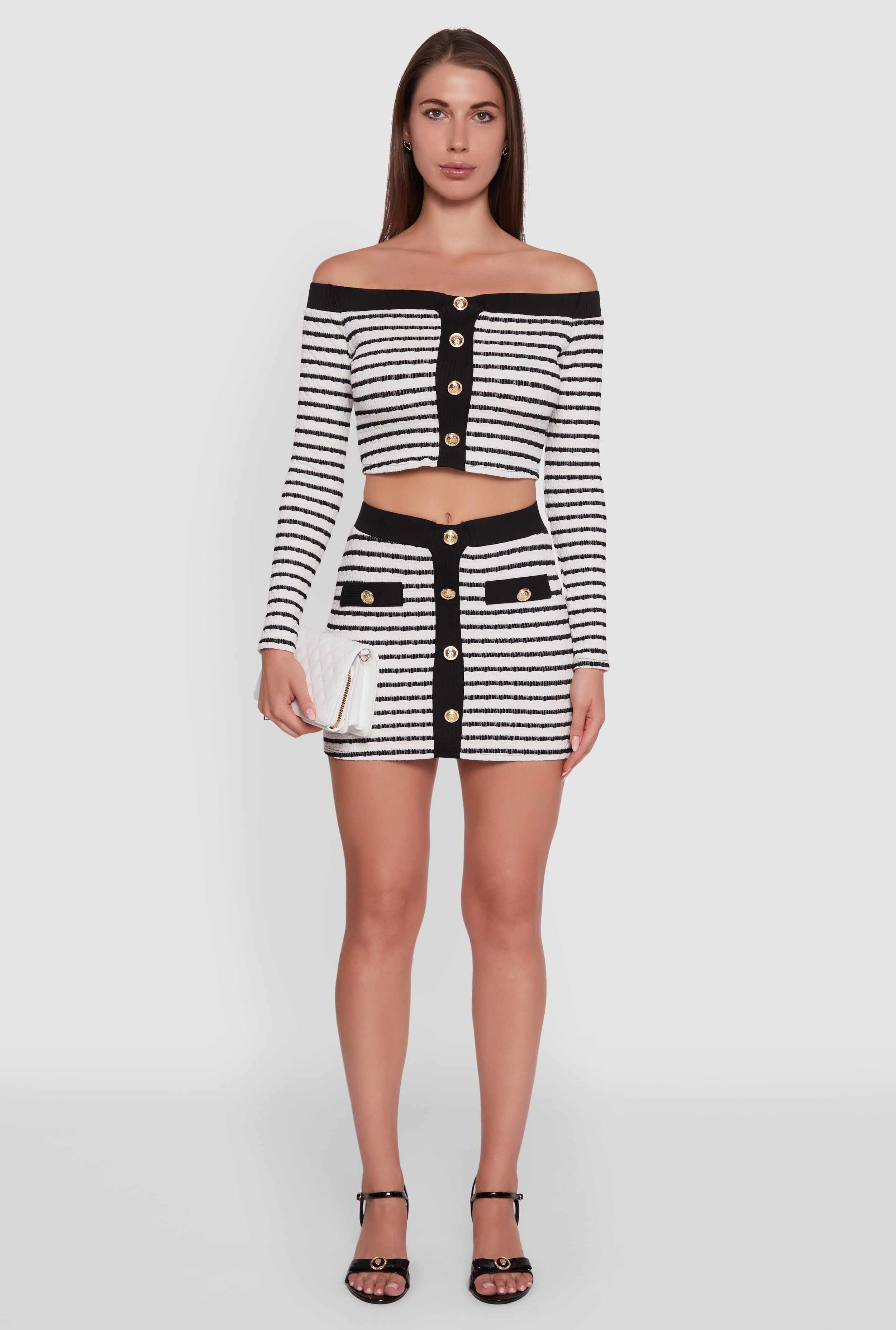 Textured Knit Faux Button Striped Mini Skirt