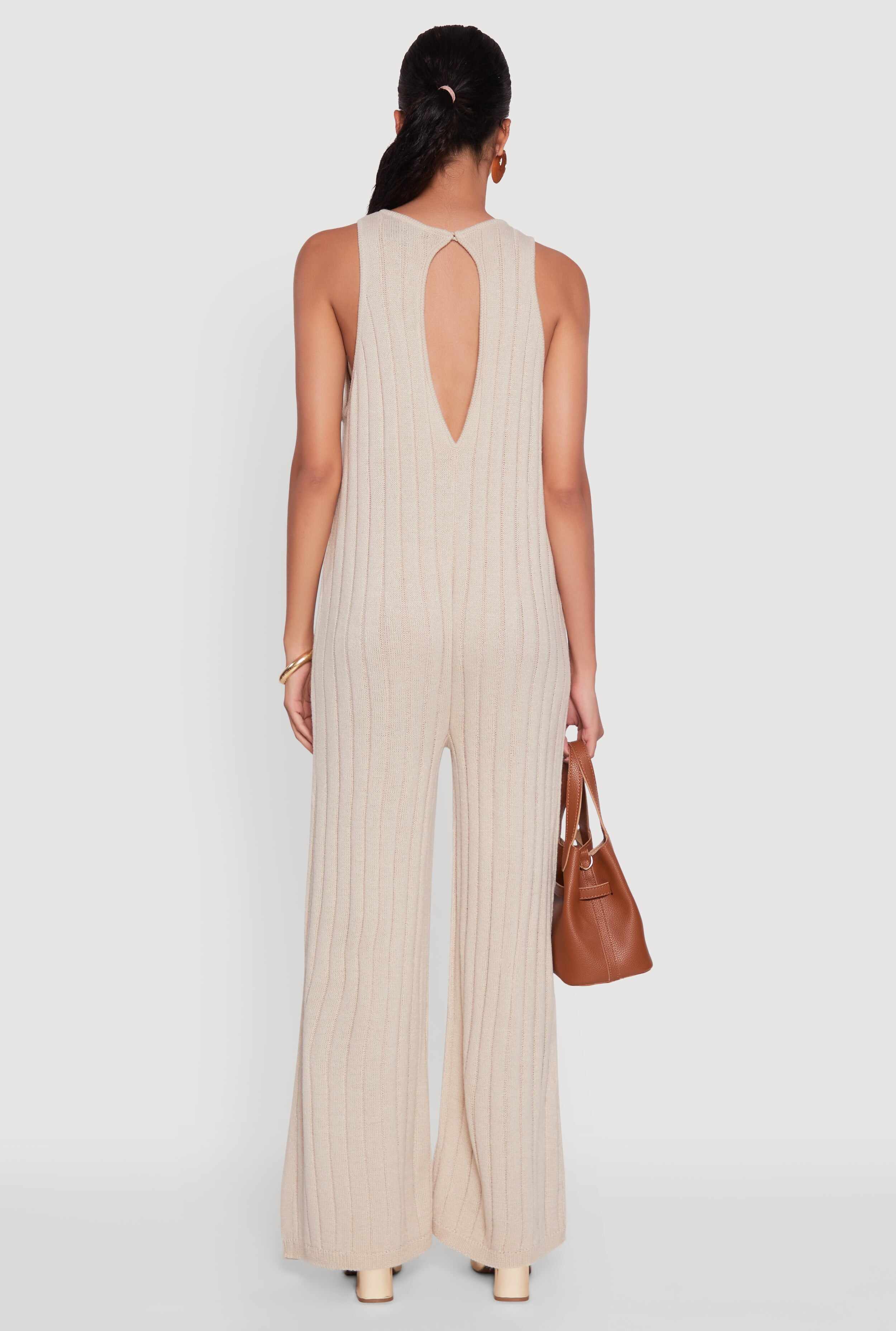 Button Back Keyhole Ribbed Knit Jumpsuit
