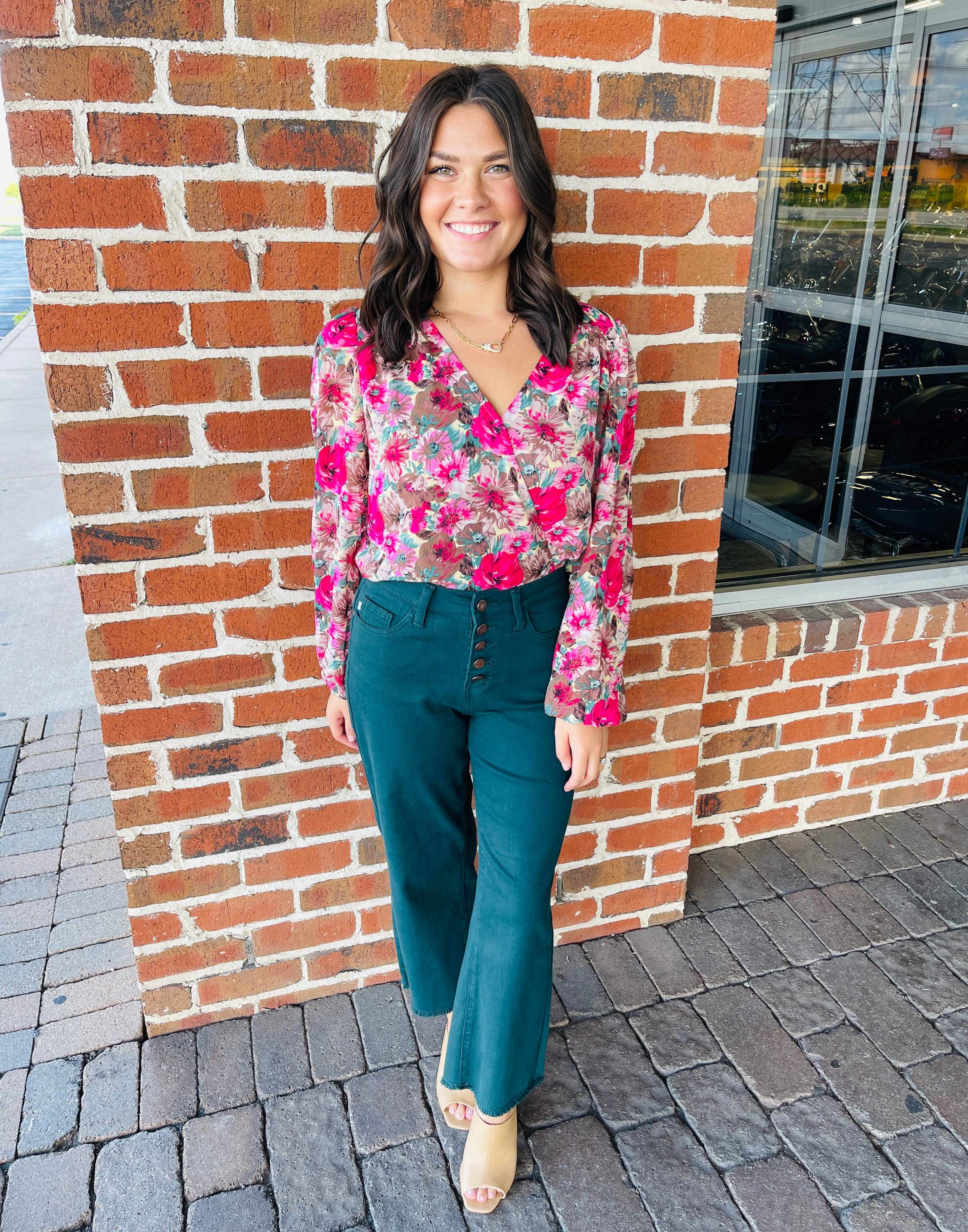 Plus/Reg Bright As A Button Fly Wide Leg Teal Jeans