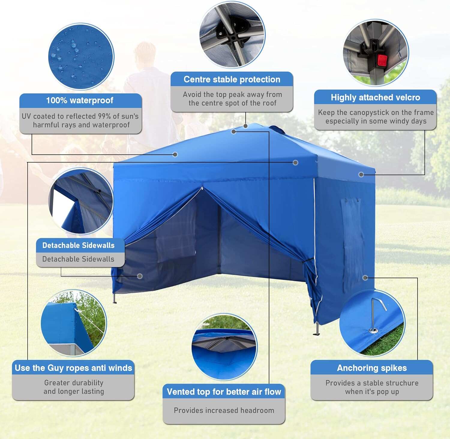 PHI VILLA Outdoor Pop up Canopy 10'x10' Tent Camping Sun Shelter-Series Party Tent, 100 Sq. Ft of Shade (Blue)