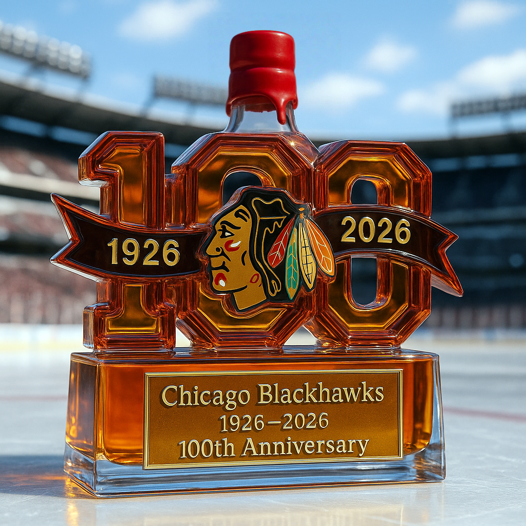 Chicago Blackhawks 100th Anniversary Whiskey Bottle