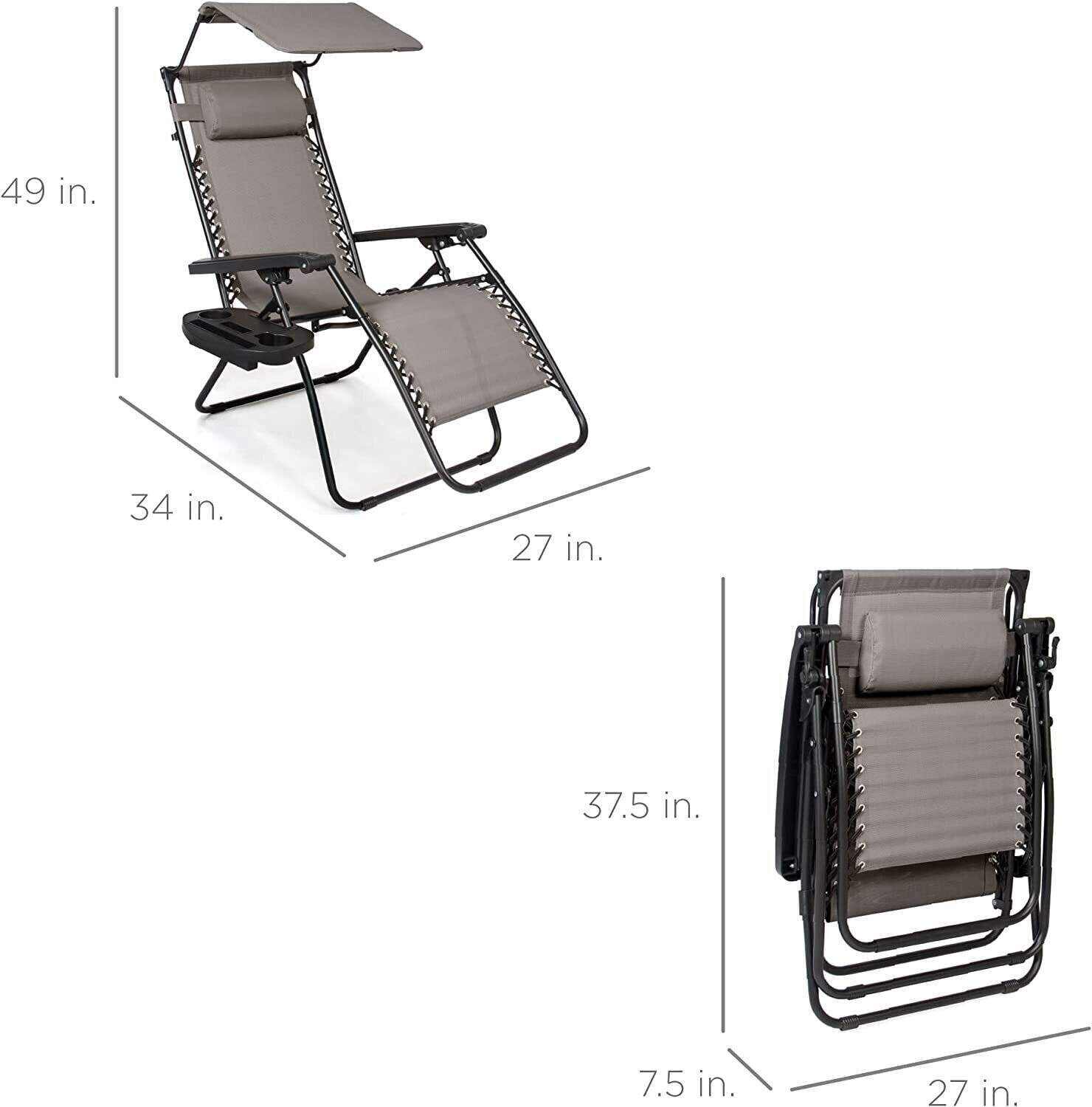 Folding Zero Gravity Recliner Patio Lounge Chair w/Adjustable Canopy Shade, Headrest, Side Accessory Tray, Textilene Mesh - Beige