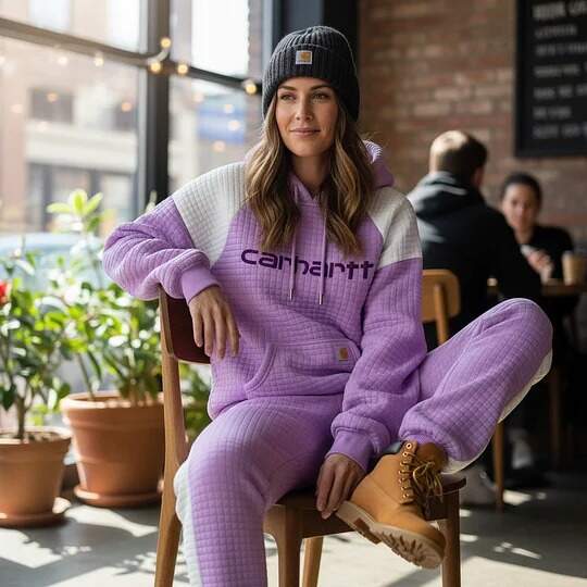 Purple Quilted Hoodie and Joggers Set for Winter Skiing