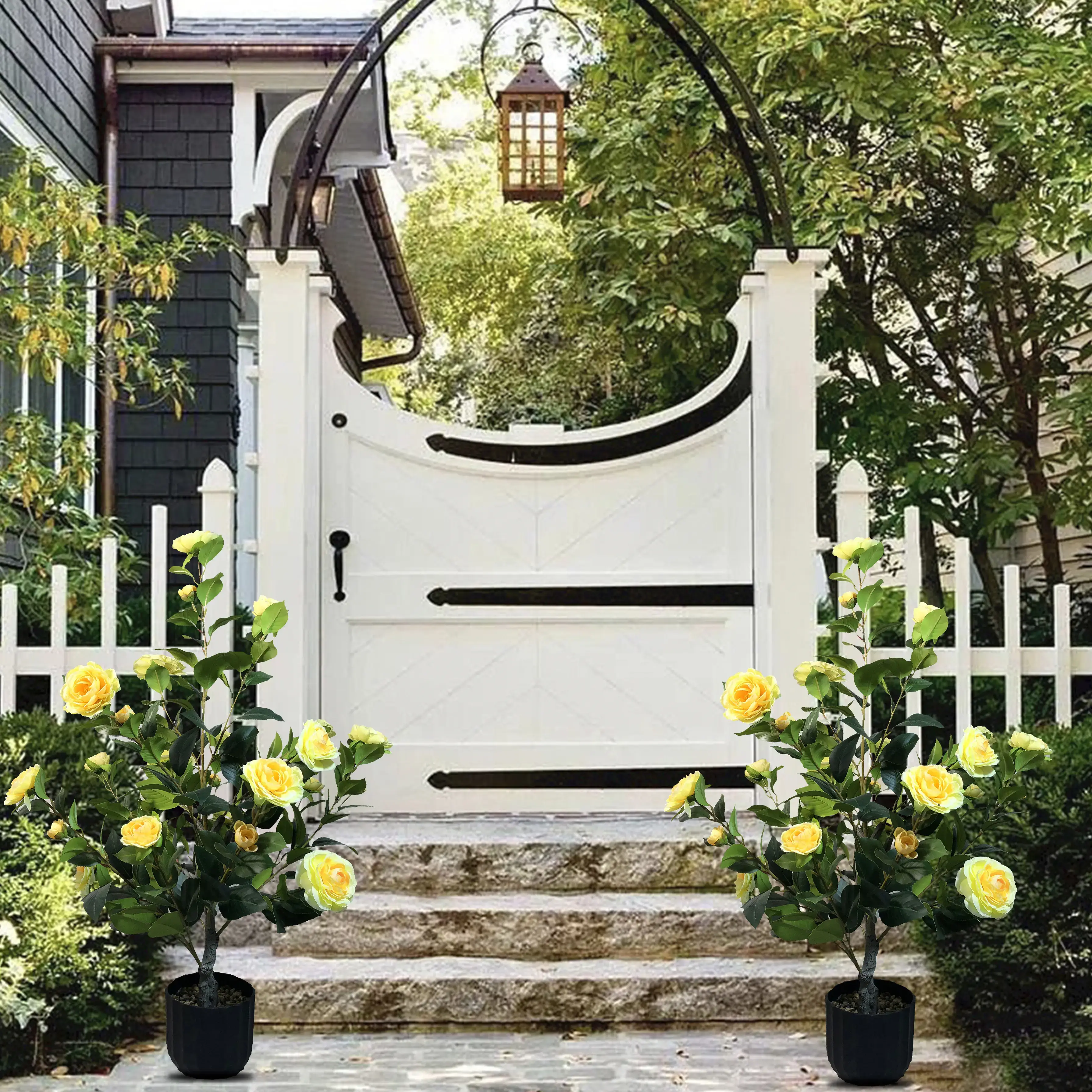 2 Pcs 3-foot Camellia Tree with Decorative Pebbles, Flower Pot, 24 Realistic Flowers, 188 Leaves for Indoor, outdoor courtyard Home Decor