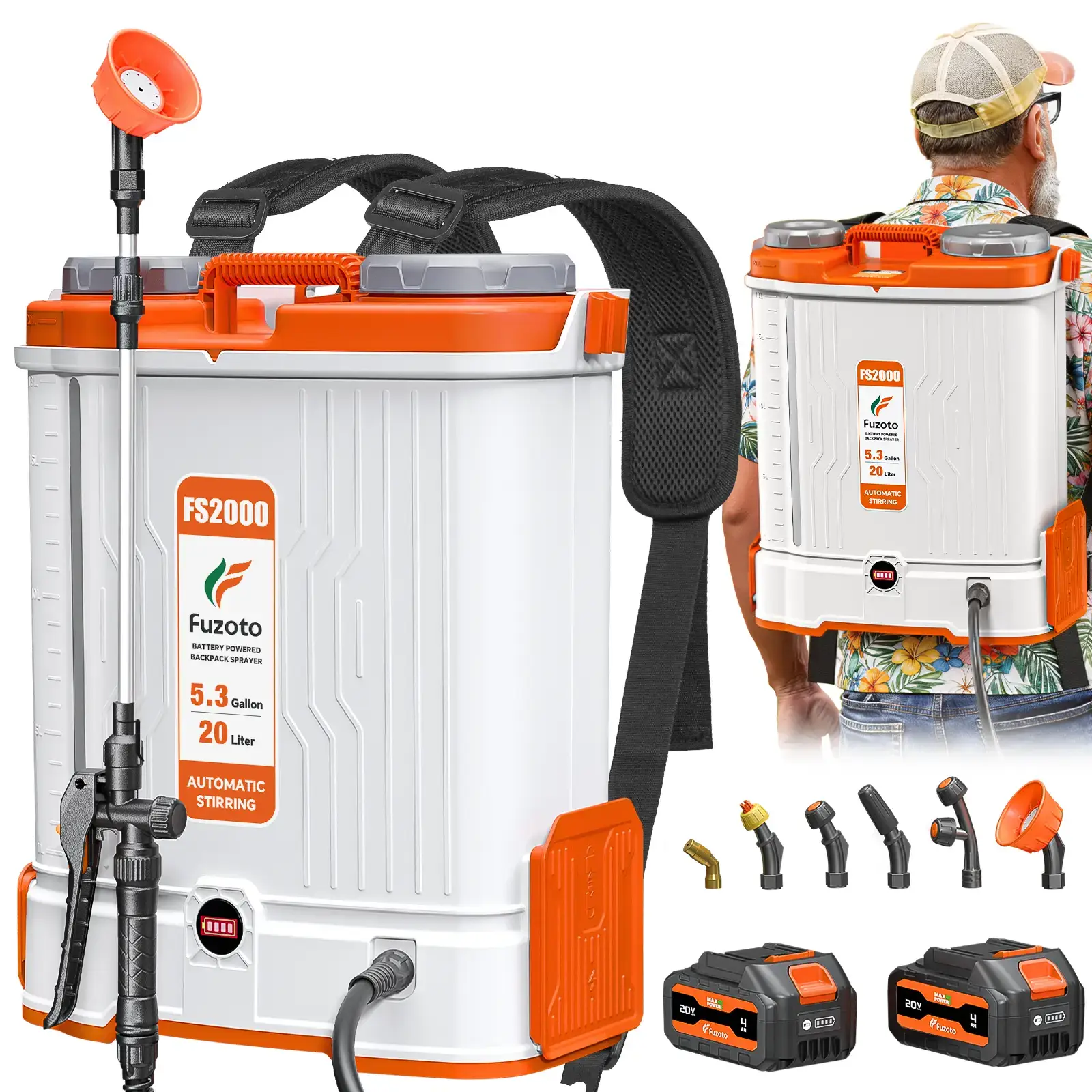 5.3 Gallon Battery Powered Backpack Sprayer, Dual 20V Large Capacity Batteries, 45-90PSI Adjustable Pressure Electric Garden Sprayer with 6 Spray Nozzles for Lawn Yard Father’s Day Gift