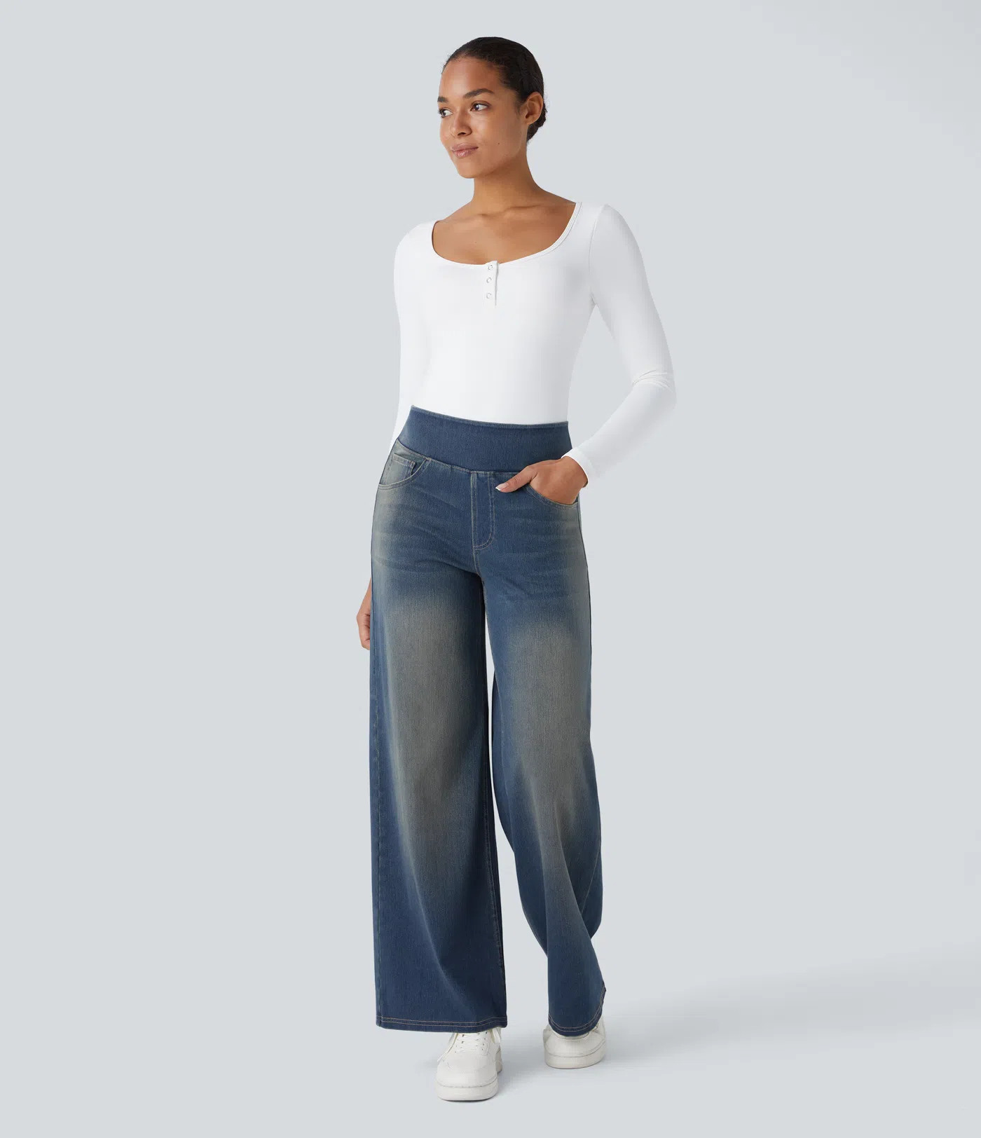 💝Last day promotion⚡High Waisted Multiple Pockets Baggy Wide Leg Washed Stretchy Knit Casual Jeans