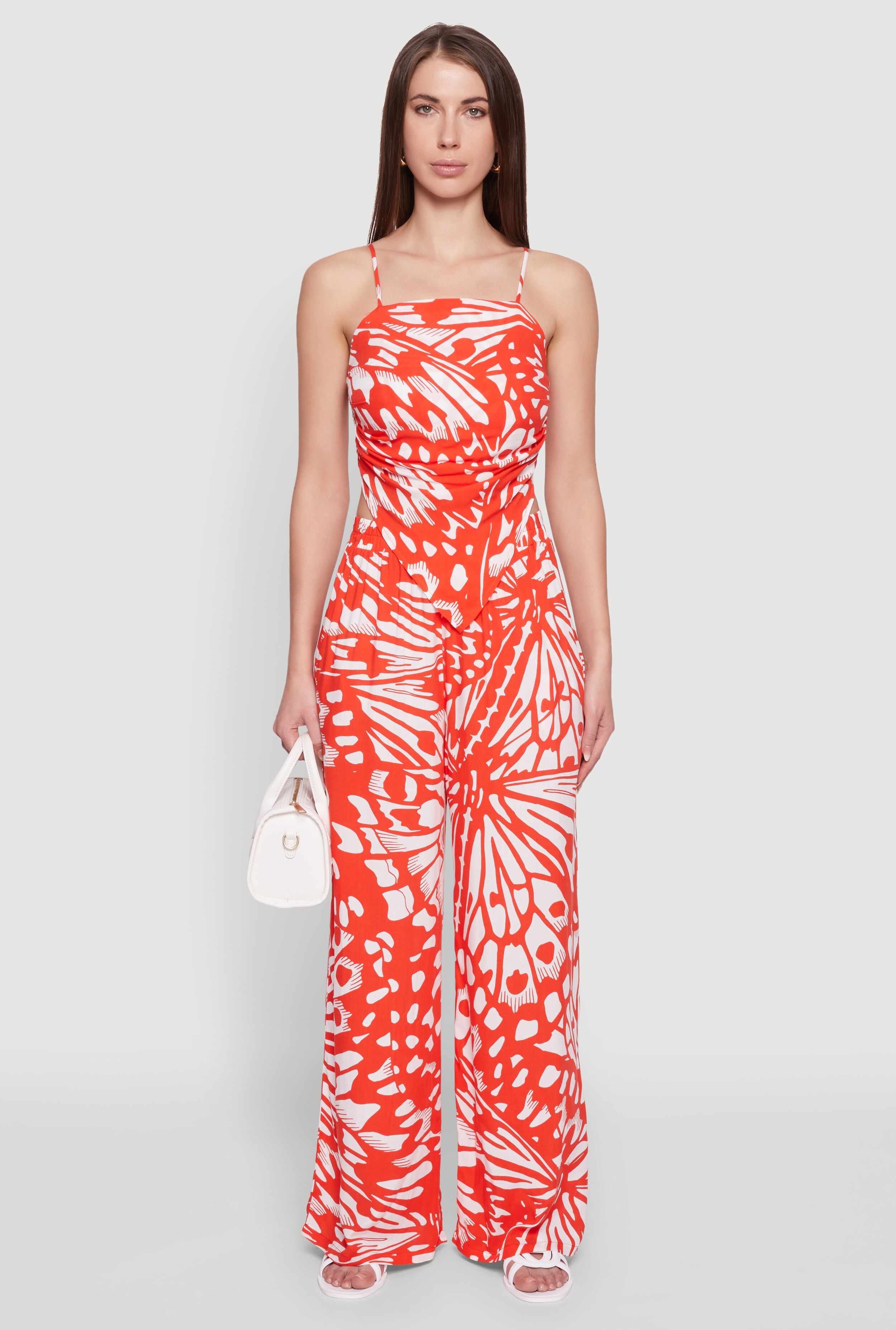 Trendy Abstract Butterfly Print High Waisted Wide Leg Pants