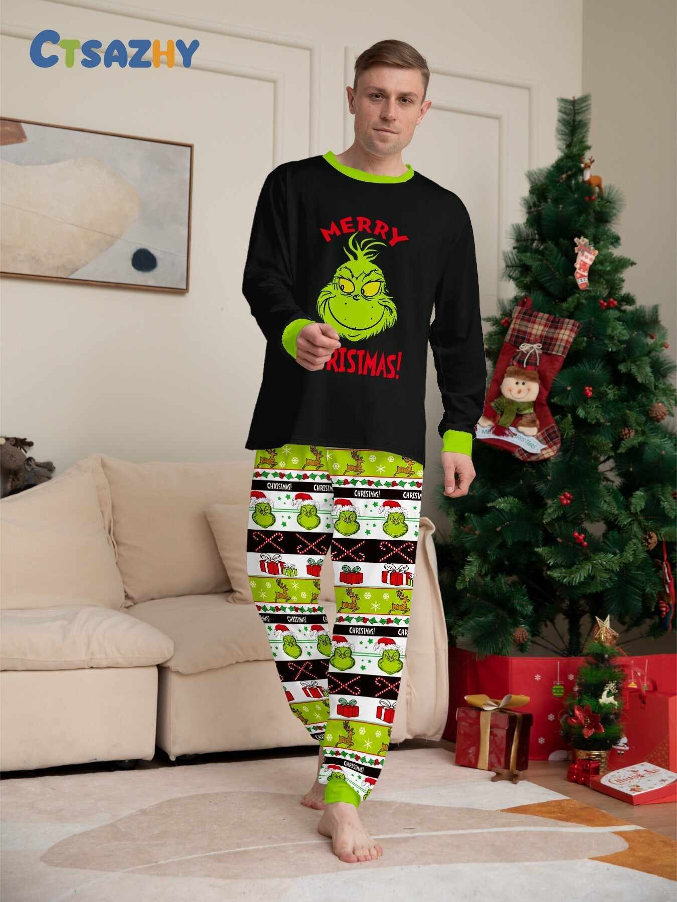 Christmas Grinch Cartoon Print Family Matching Long Sleeve Pajama Set