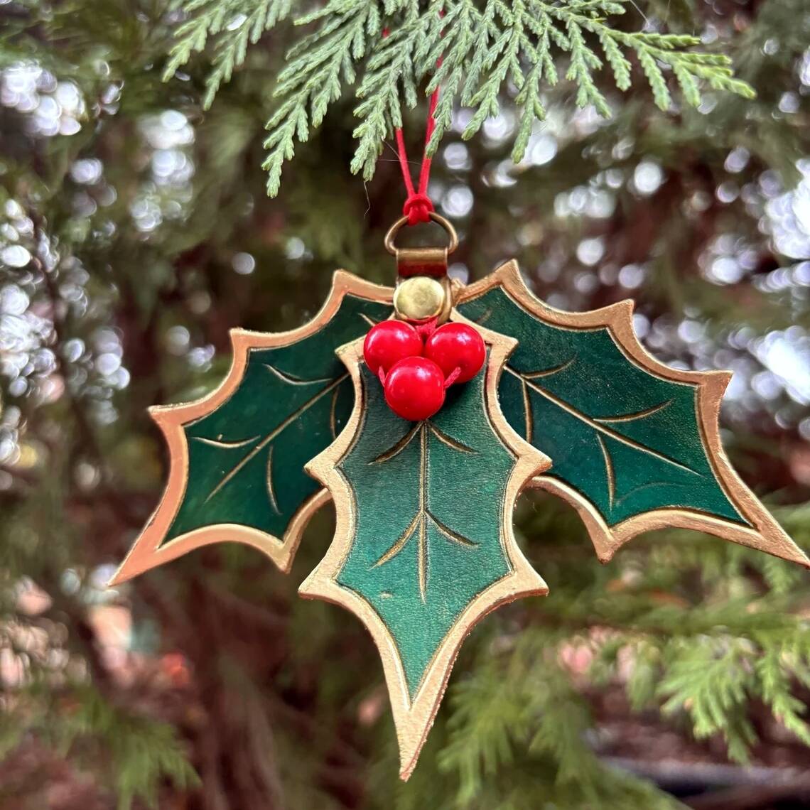 Holly Leaf Mistletoe Leather Ornament