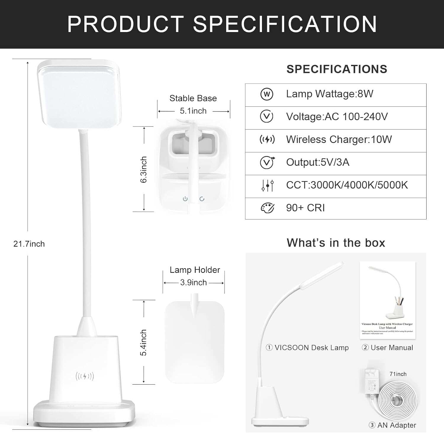 Desk Lamp with Wireless Charger, LED Desk Lamps for Home Office, 800 Lumens, Small Desk Lamp with Pen Holder, Flexible Arm, 3 Modes, Dimming, Touch Lamp for College Dorm Room
