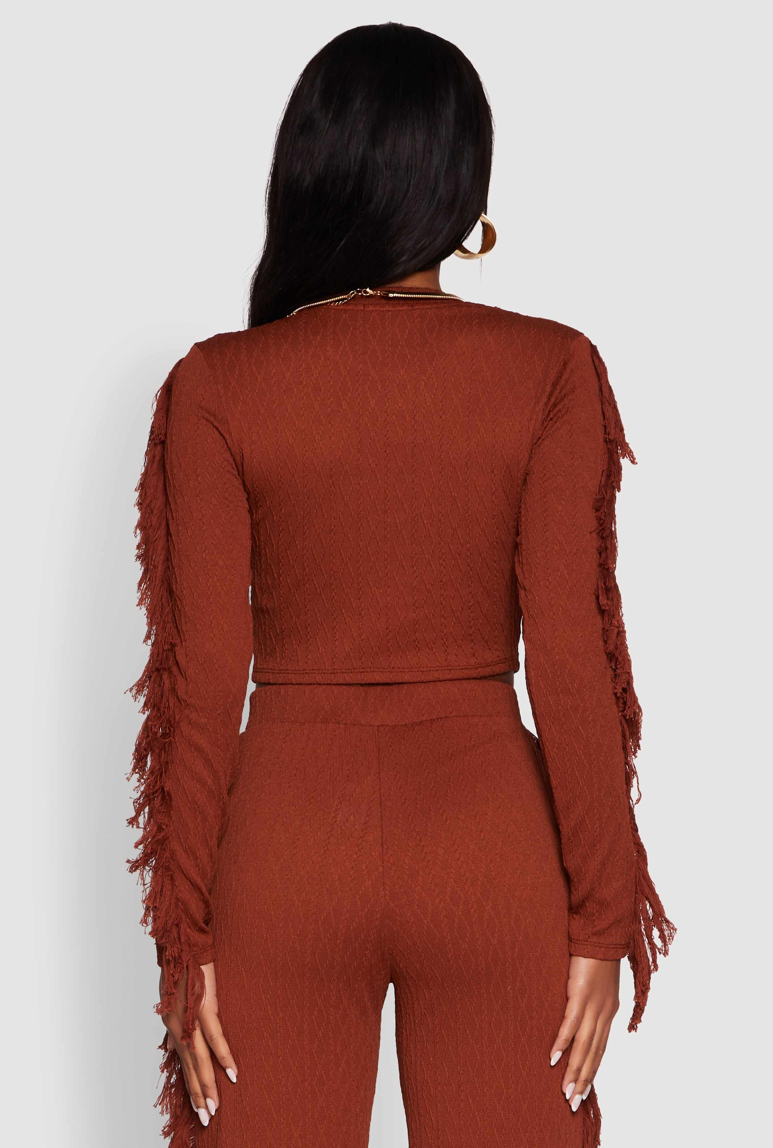Textured Knit Long Sleeve Fringe Crop Top