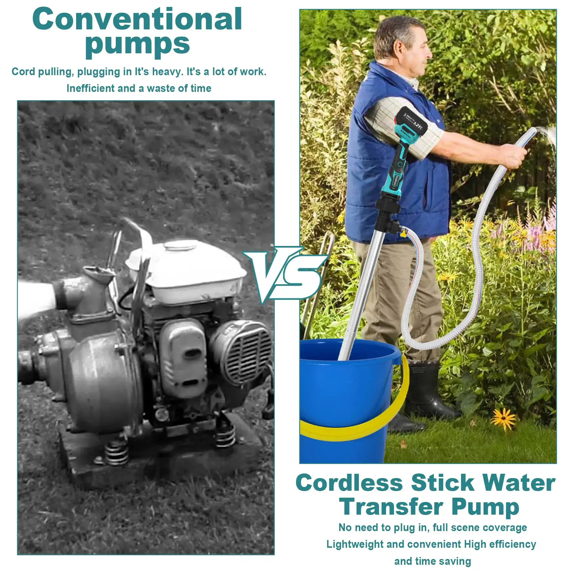 Cordless Stick Water Transfer Pump, with 4000mAh 21V Battery & Charger, 720GPH, 32FT Head, Handheld Portable Utility Sump Pump Kit with 3/4