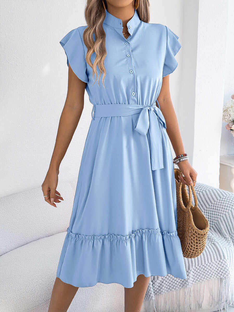 🔥Summer Arrivals🌟Women's Casual Stand-up Collar Ruffled Tie Waist Shirt Dress