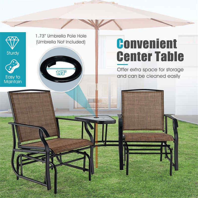 2-Seat Patio Rocking Chair Outdoor Double Glider Chair with Glass Table & Umbrella Hole