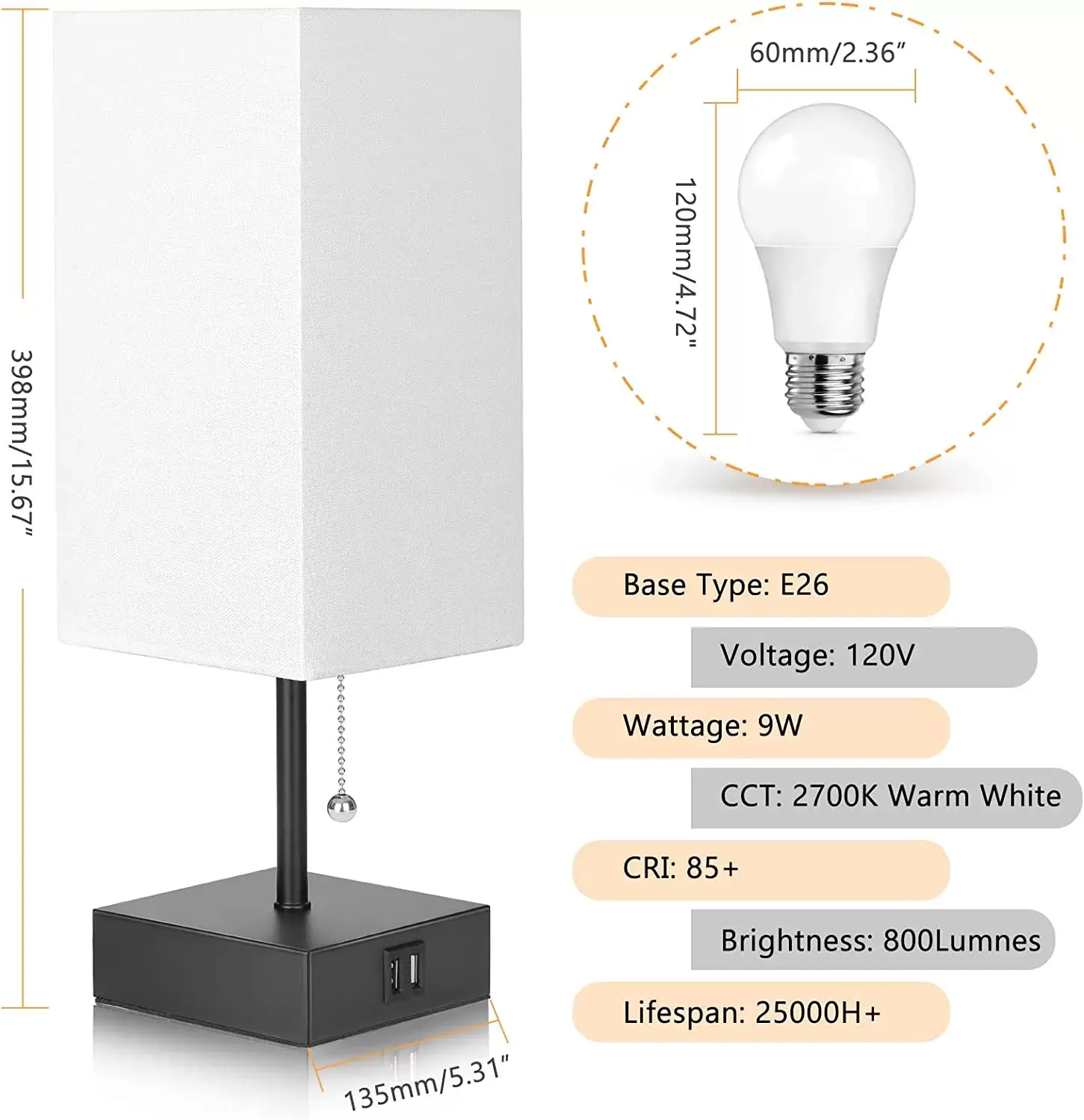 GGOYING Bedside Table Lamp, Pull Chain Table Lamp with Dual USB Charging Ports, 2700K LED Bulb, Fabric Linen Lampshade, Nightstand Lamp for Livingroom Bedroom Office Reading Working