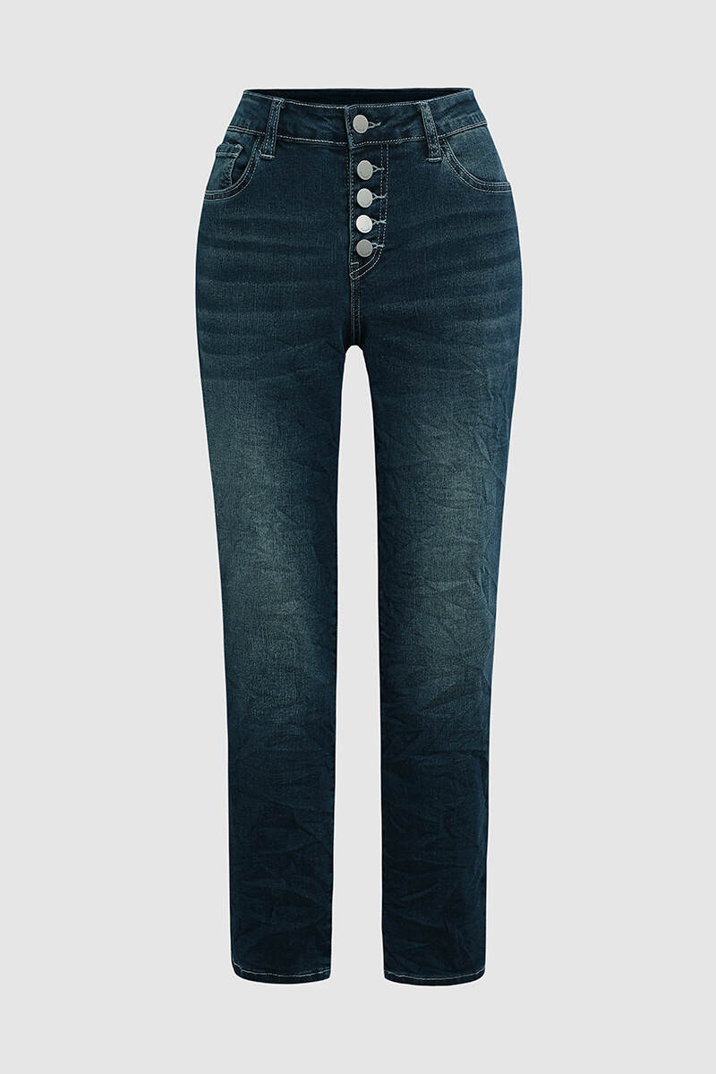 Button Up Roll Hem Low Waist Straight Leg Jeans