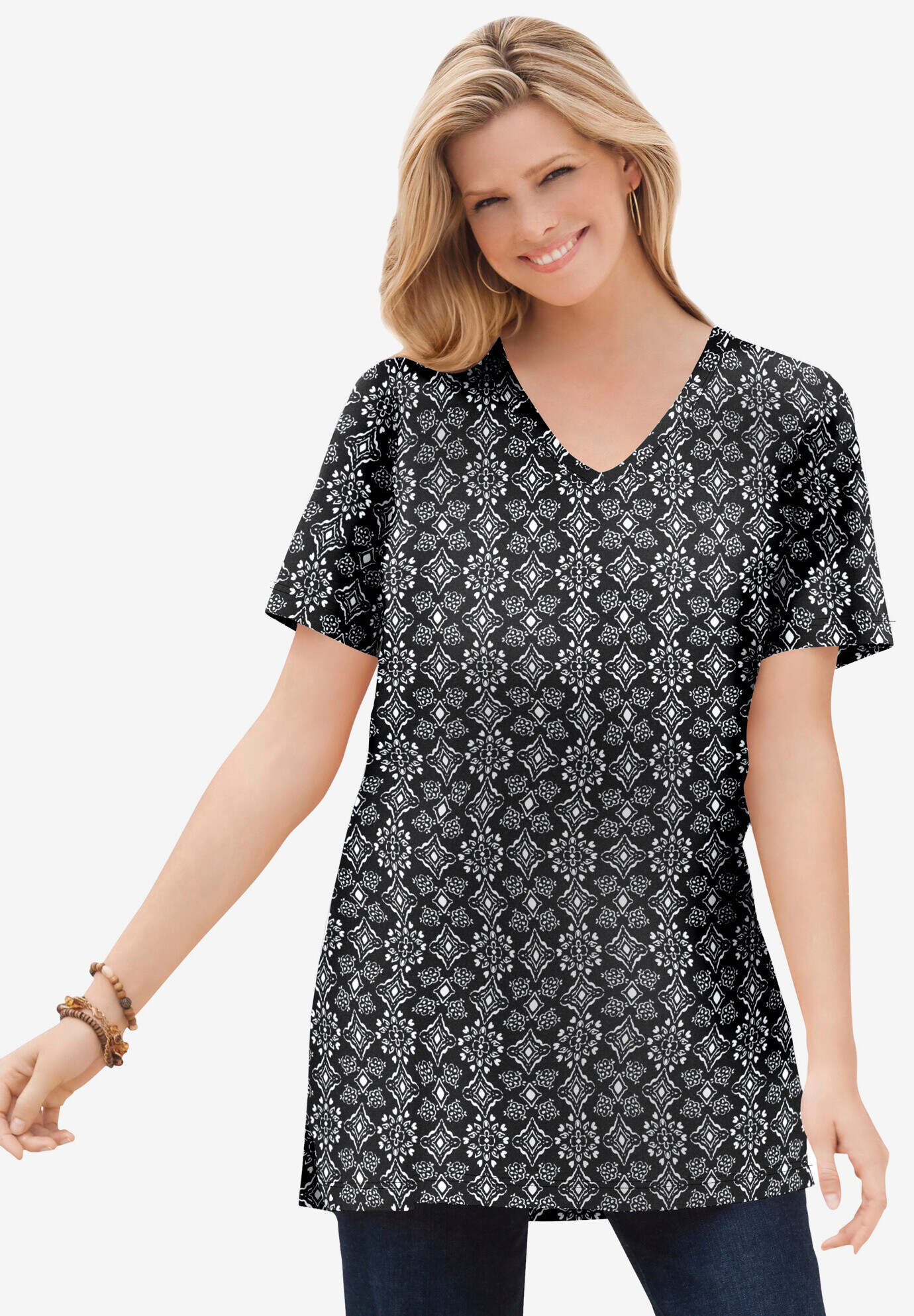 Perfect Printed Short-Sleeve Shirred V-Neck Tunic