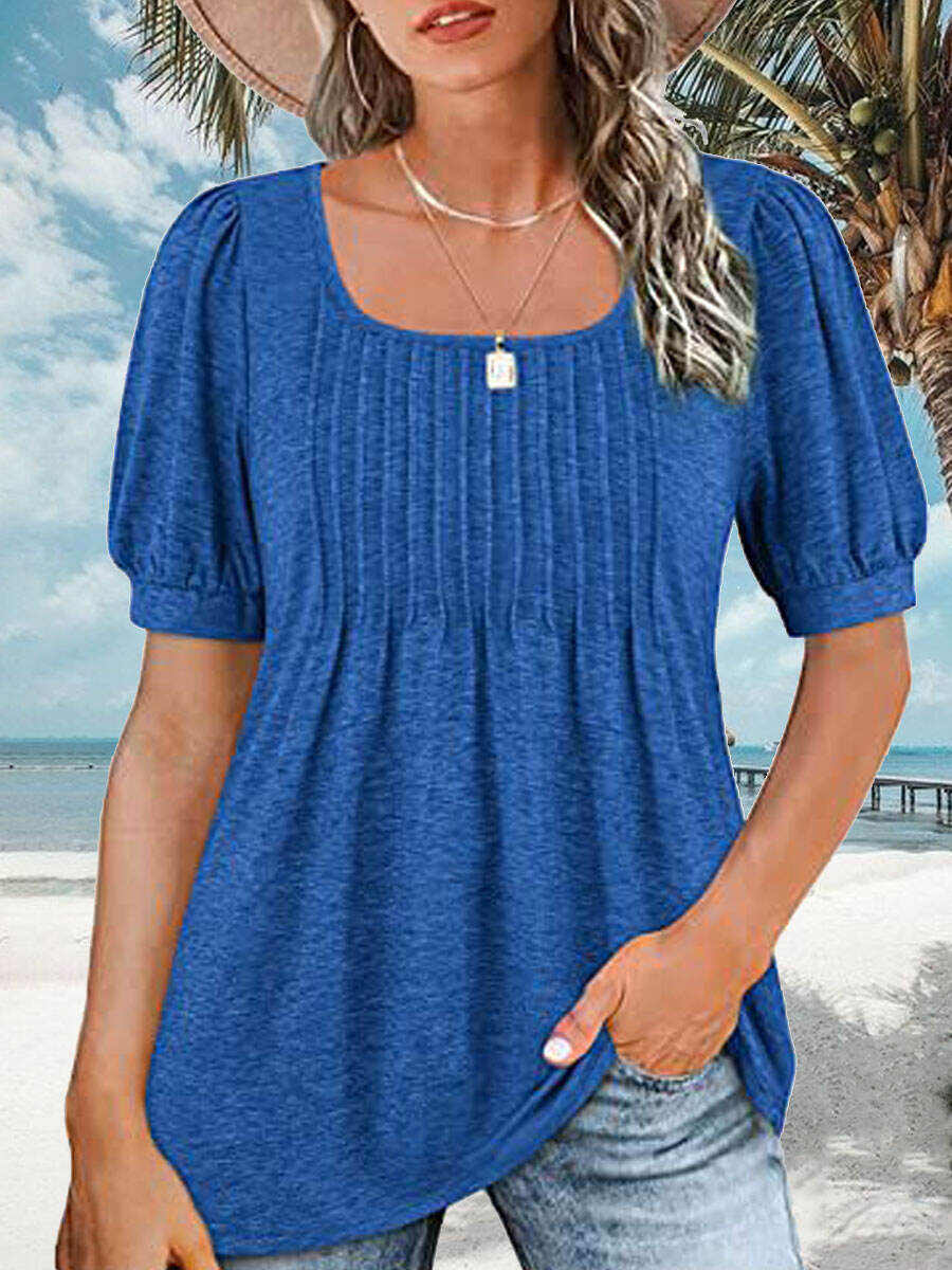Square Neck Casual Loose Solid Color Short Sleeve T-Shirt