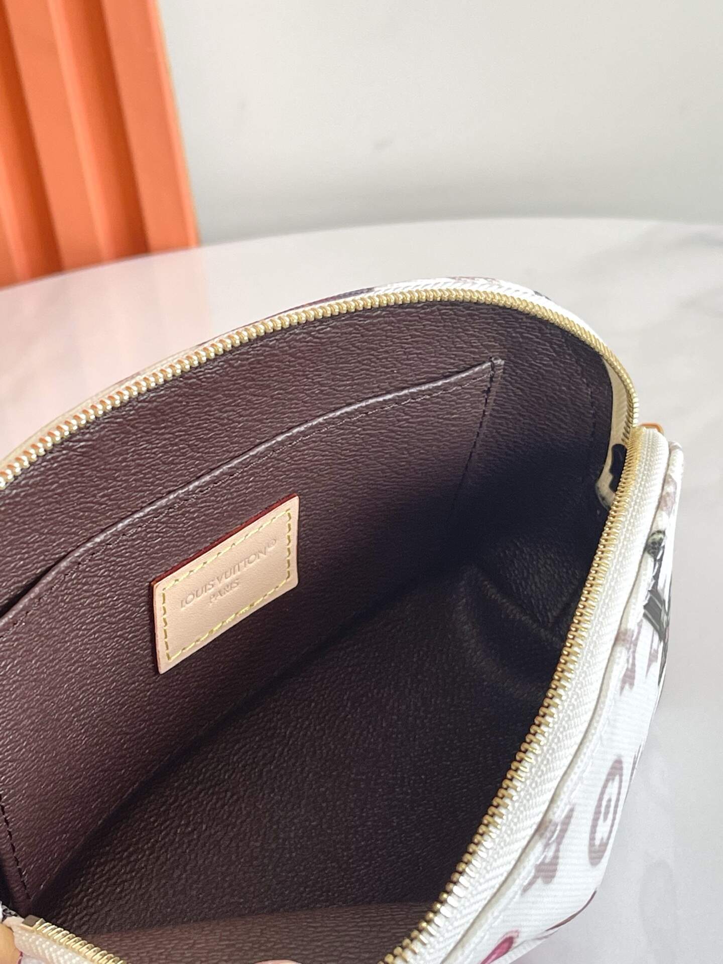 Small Cosmetic Pouch – Monogram-Inspired Coated Canvas with Vintage Hotel Key Motif & Washable Lining