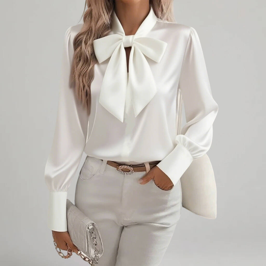 Women's Elegant Satin Bow Tie Neck Long Sleeve Blouse